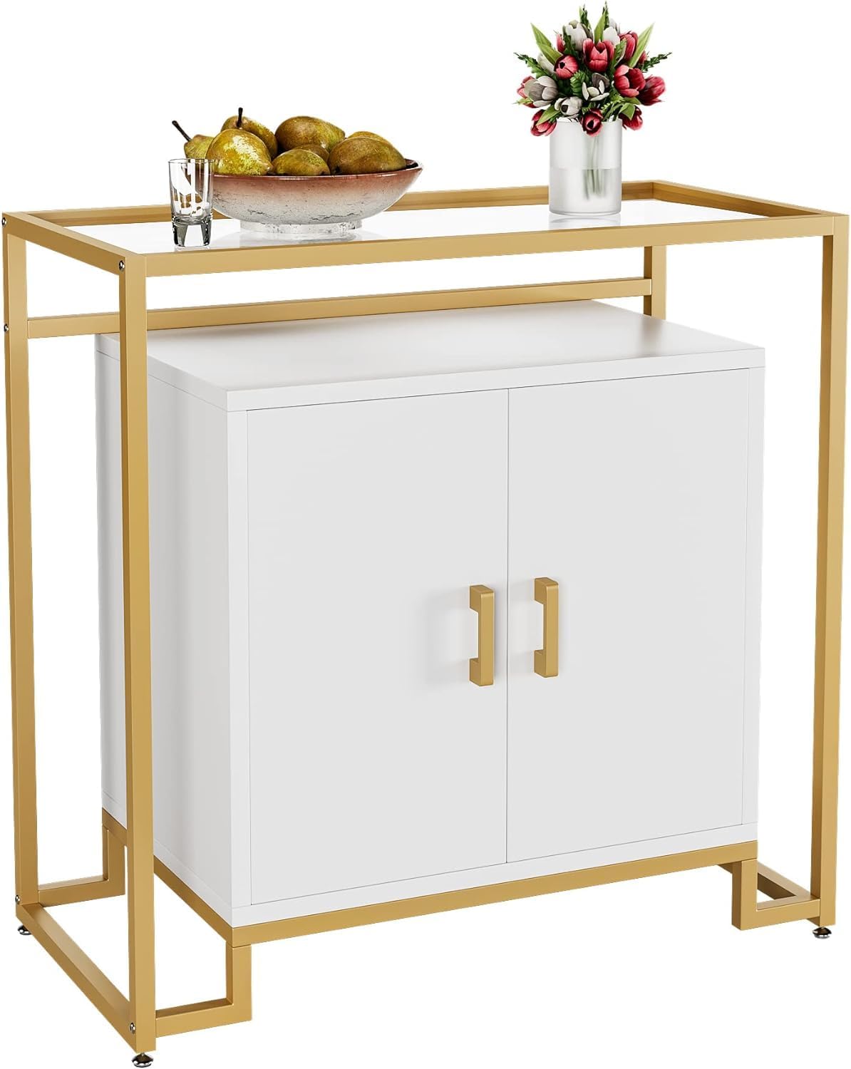 Qeetex AWEPHO0XXI2RXE Cabinet with Tempered Glass Top Modern Farmhouse Buffet with Steel Frame and Ample Storage for Kitchen and Dining Room Brown White