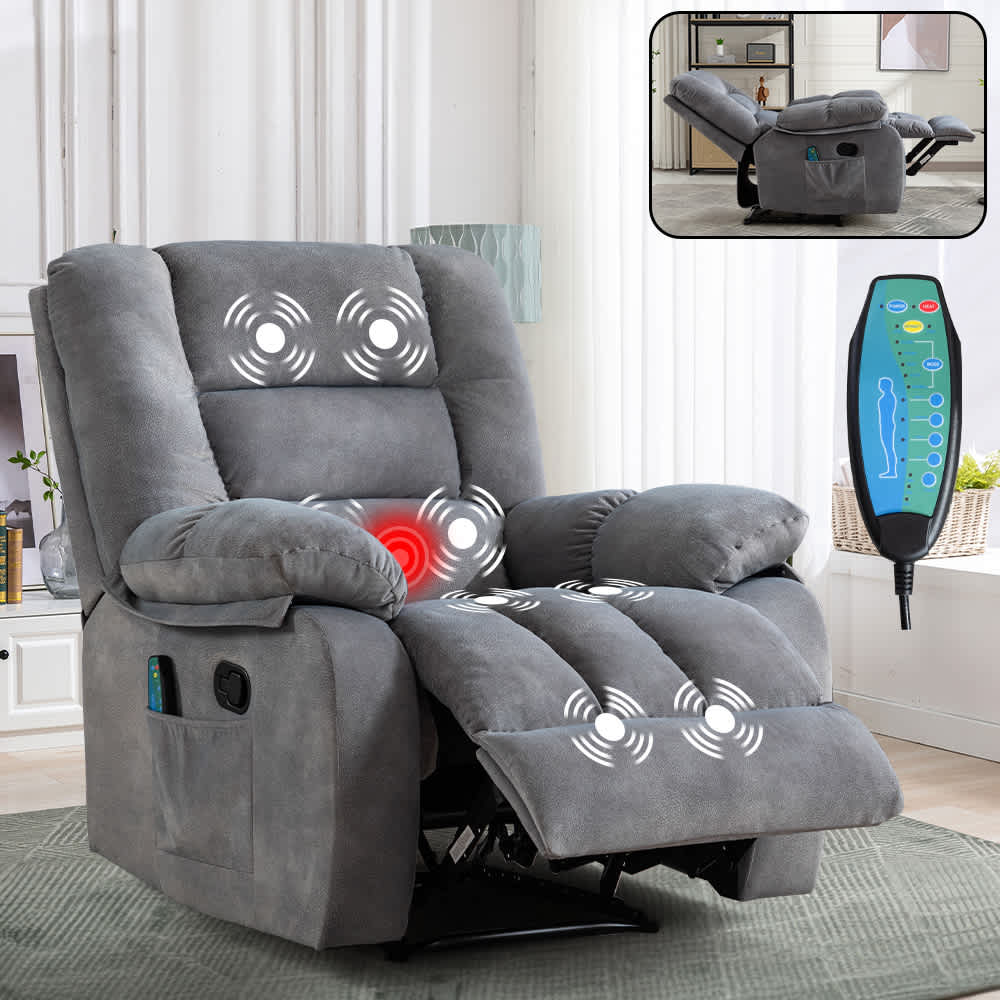 Bestier USLOW-L502637E-LGRY Overstuffed Fabric Recliner Chairs with 8-Point Vibration Massage Manual Pull Recliner with Time Setting Light Grey