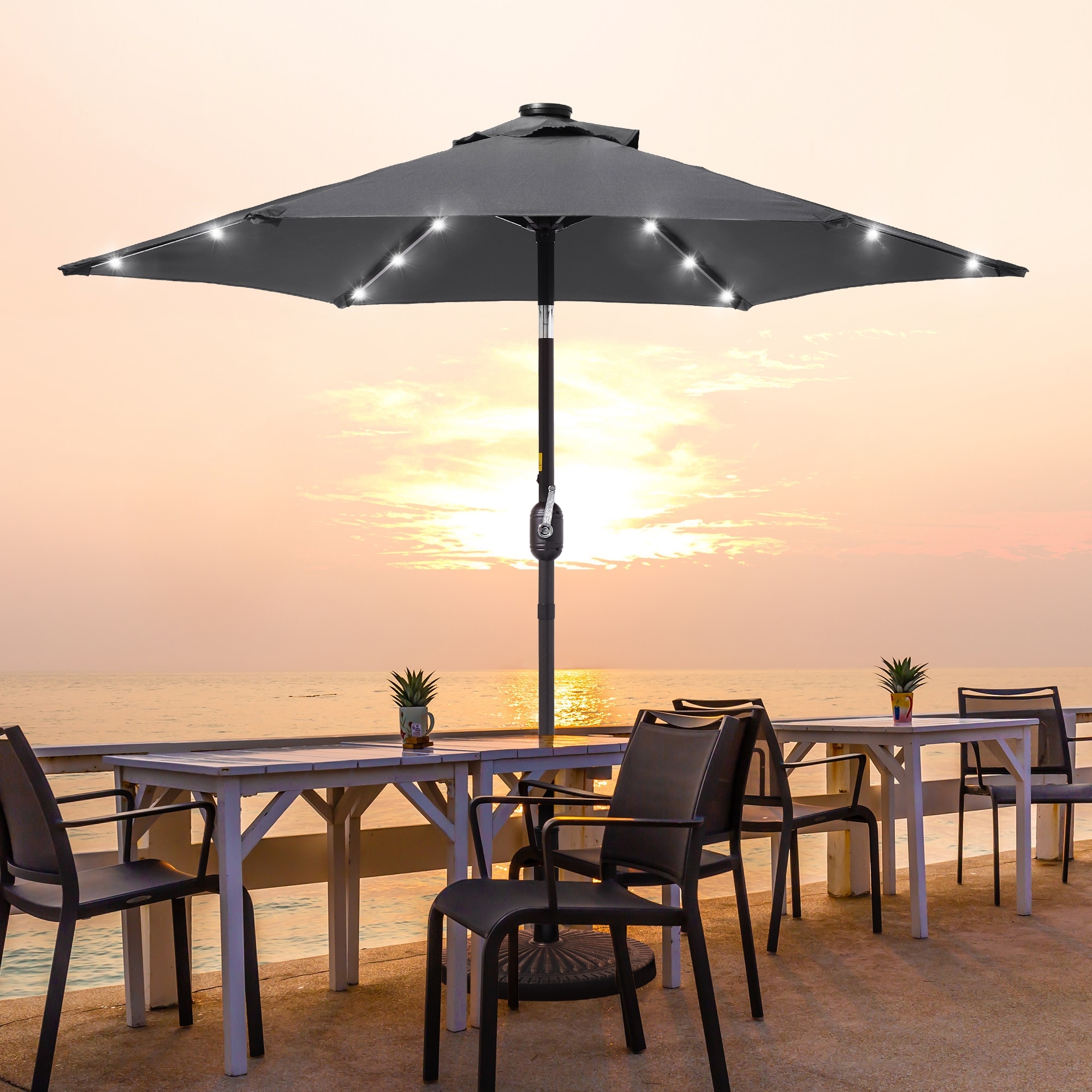 ACEGOSES LW-LED75SG 7.5-ft Steel Gray Push-button Tilt Market Patio Umbrella with Lights