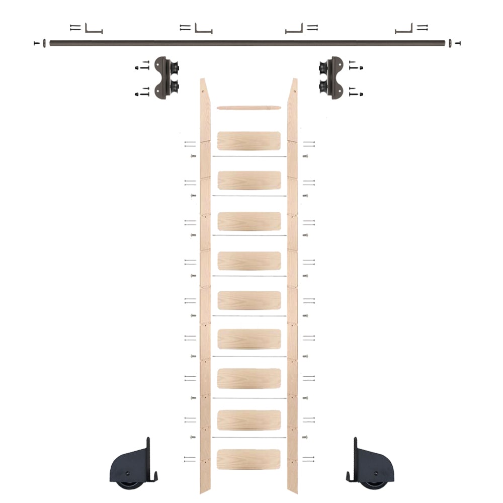 Quiet Glide QG.240-10MA-08-H.07 10 ft. Maple Library Ladder Bronze Contemporary Rolling Ladder Kit with 8 ft. Rail and Horizontal Brackets
