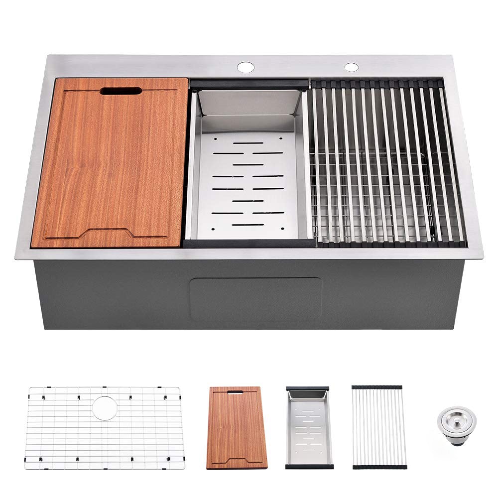 LUXEYARD Stainless Steel 30 in 2-Hole Single Bowl Drop-In Workstation Kitchen Sink with Bottom Grid and Basket Strainer