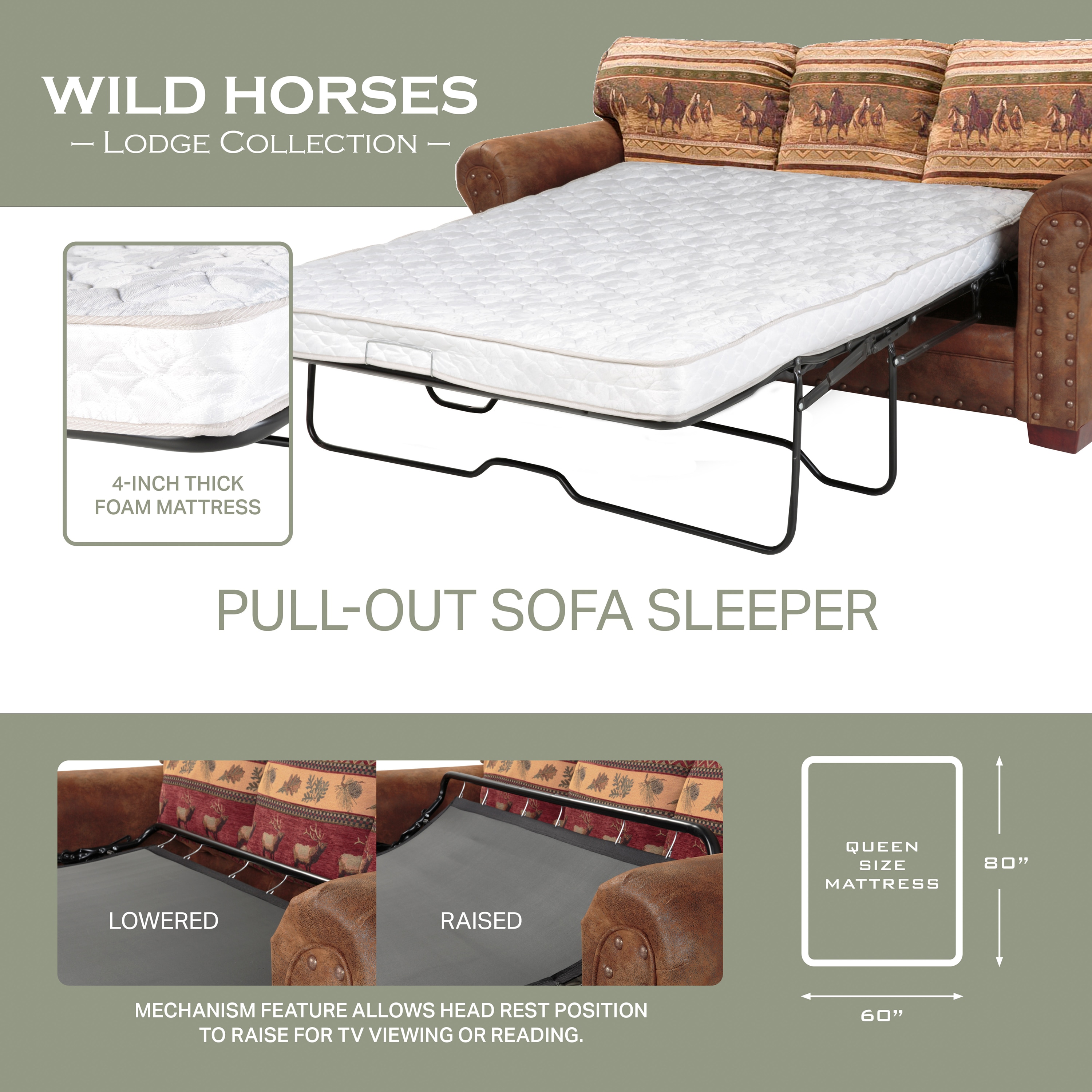 Rustic Brown Wild Horses 4-Piece Sofa Set with Sleeper