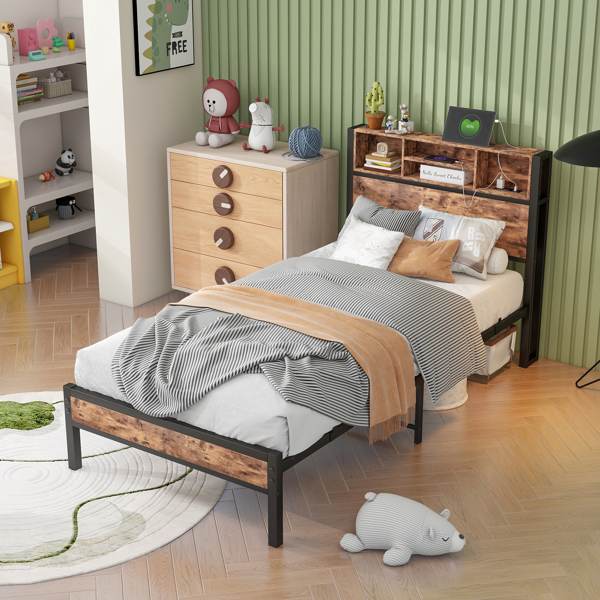 LOVMOR SF-Y-W840P192226 Twin Size Bed Frame with Storage Headboard  Metal Platform Bed with Charging Station   Bookcase Storage  No Box Spring Needed  Easy Assembly