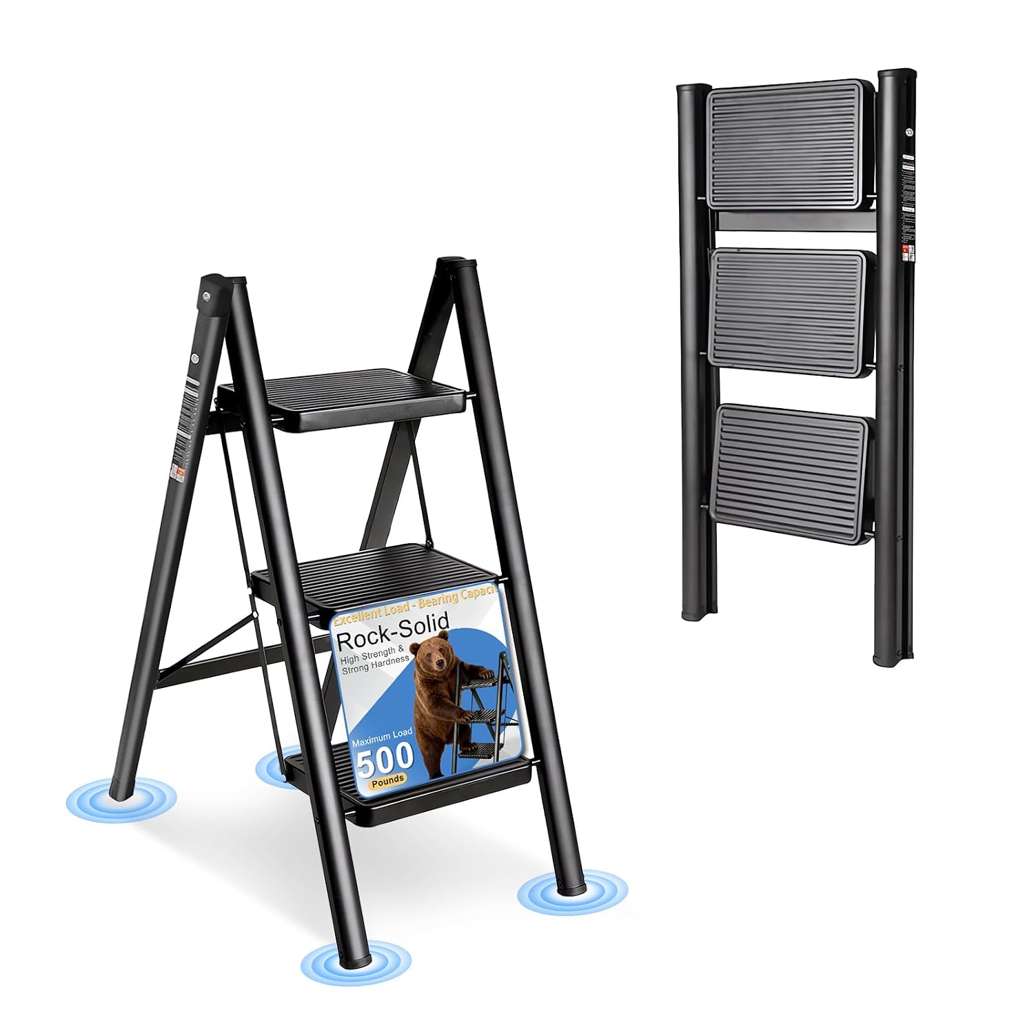 SPACELEAD 3-Step Folding Step Stool 500 lb Capacity Carbon Steel Frame Anti-Slip Pedals Rubber Feet with Safety Lock for Home Kitchen Garage