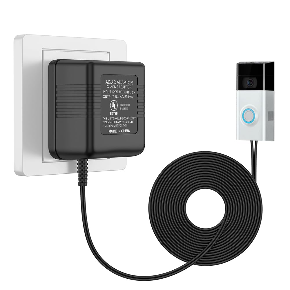 Adrinfly  18V 500mA Video Doorbell Power Supply Adapter with 26ft Charging Cable Compatible with Zmodo Doorbell and Nest Hello Transformer