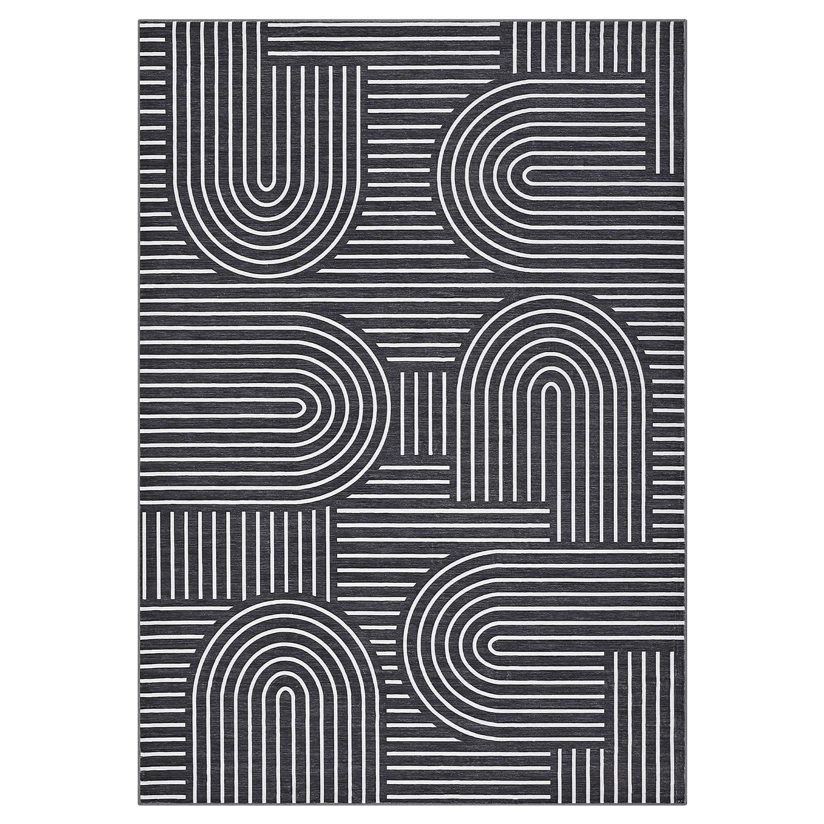 Qeetex LSN-PHK-3368NXTE 4 x 6 ft Polyester Cashmere Black Rectangular Hallway Bathroom Entryway Kitchen Office Foldable Geometric Modern Washable Area Rug