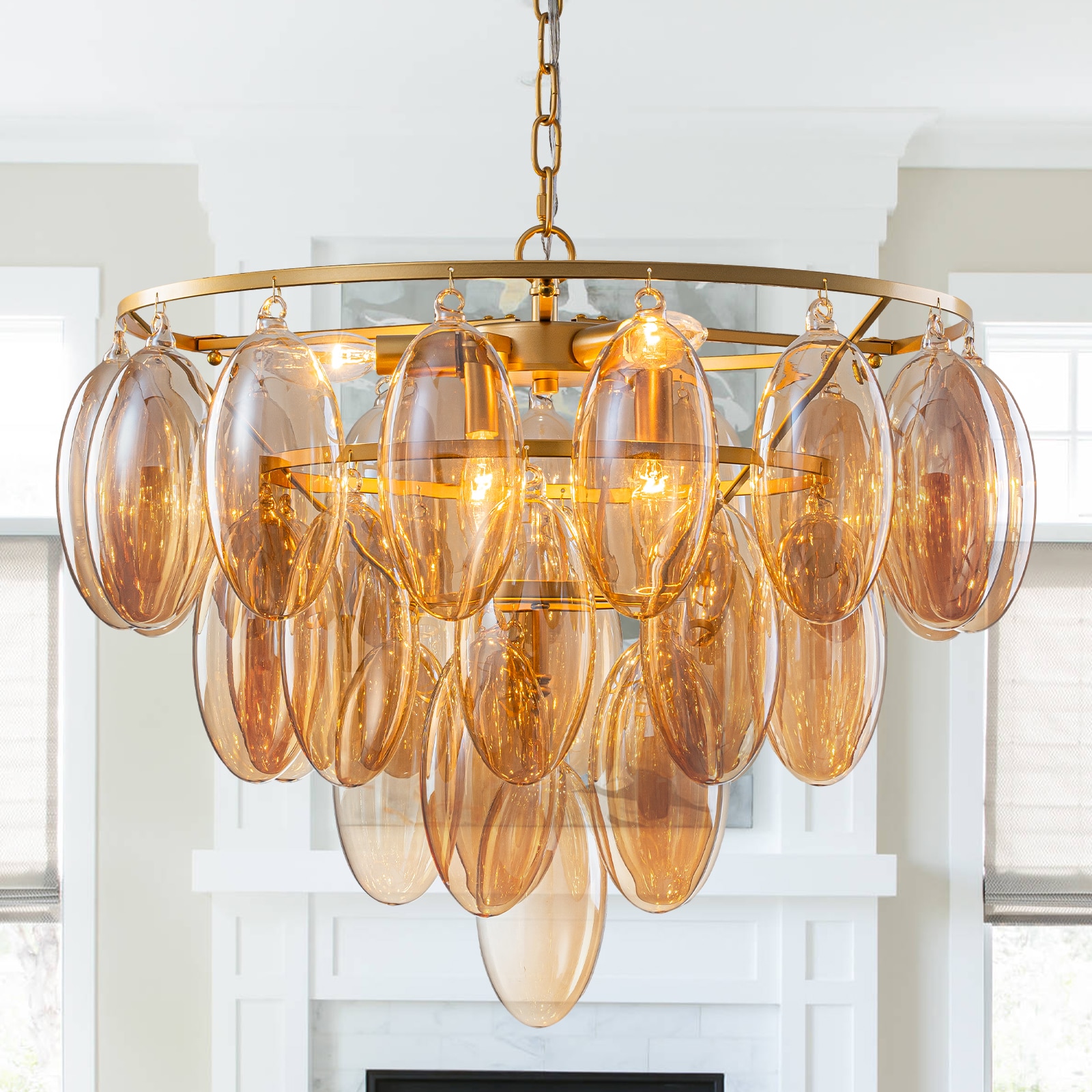 MENCOLULU 23.62 inch Teardrop Amber Glass Multi-Tiered Cake-Style Chandeliers 6 -Light Gold Metal Chandelier