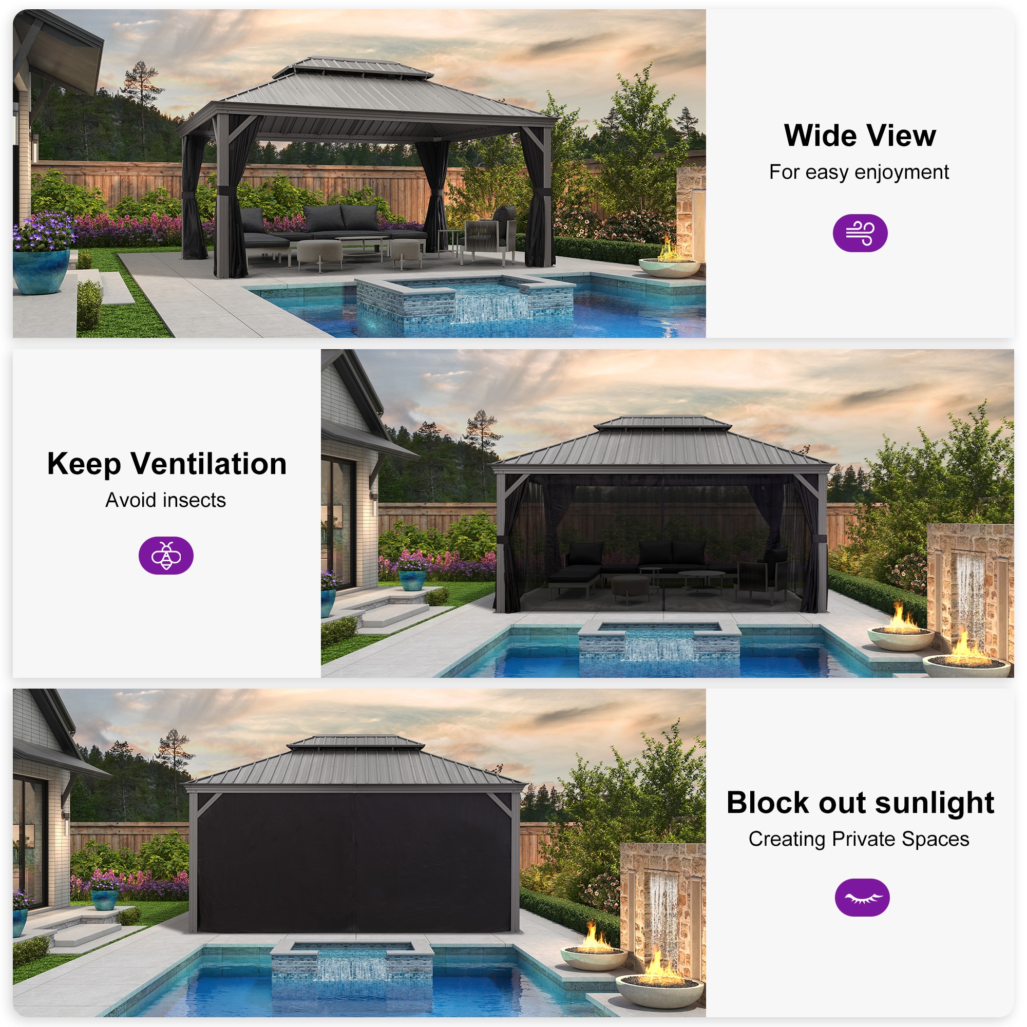 Light Gray 16' x 12' Aluminum and Steel Hardtop Gazebo with Curtains
