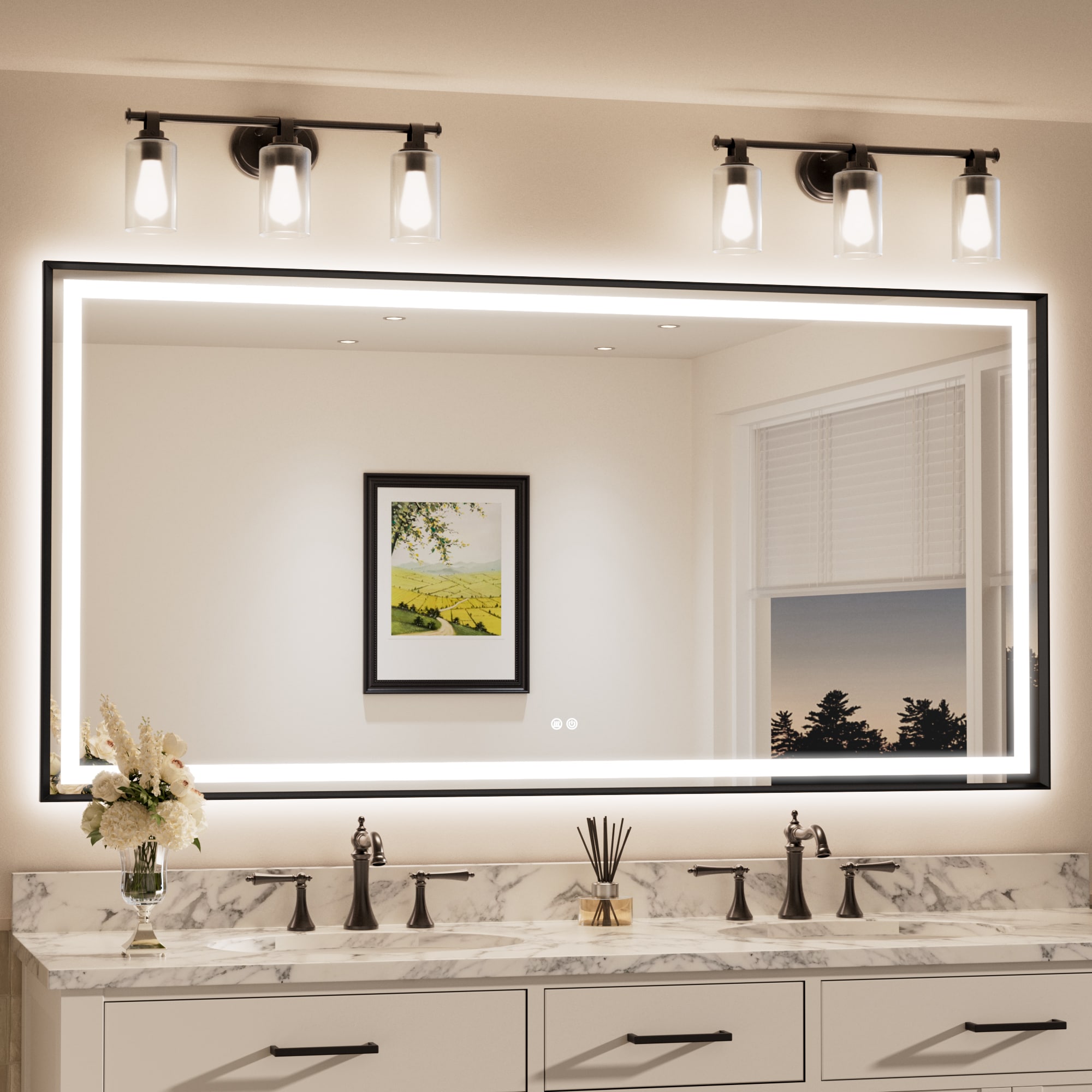 Keonjinn LW-BM66-18291-BK Bathroom LED Mirror With Framed 72-in x 36-in Beveled Rectangle Dimmable LED Lighted Fog Free Bathroom Vanity Mirror ( Brushed Black )