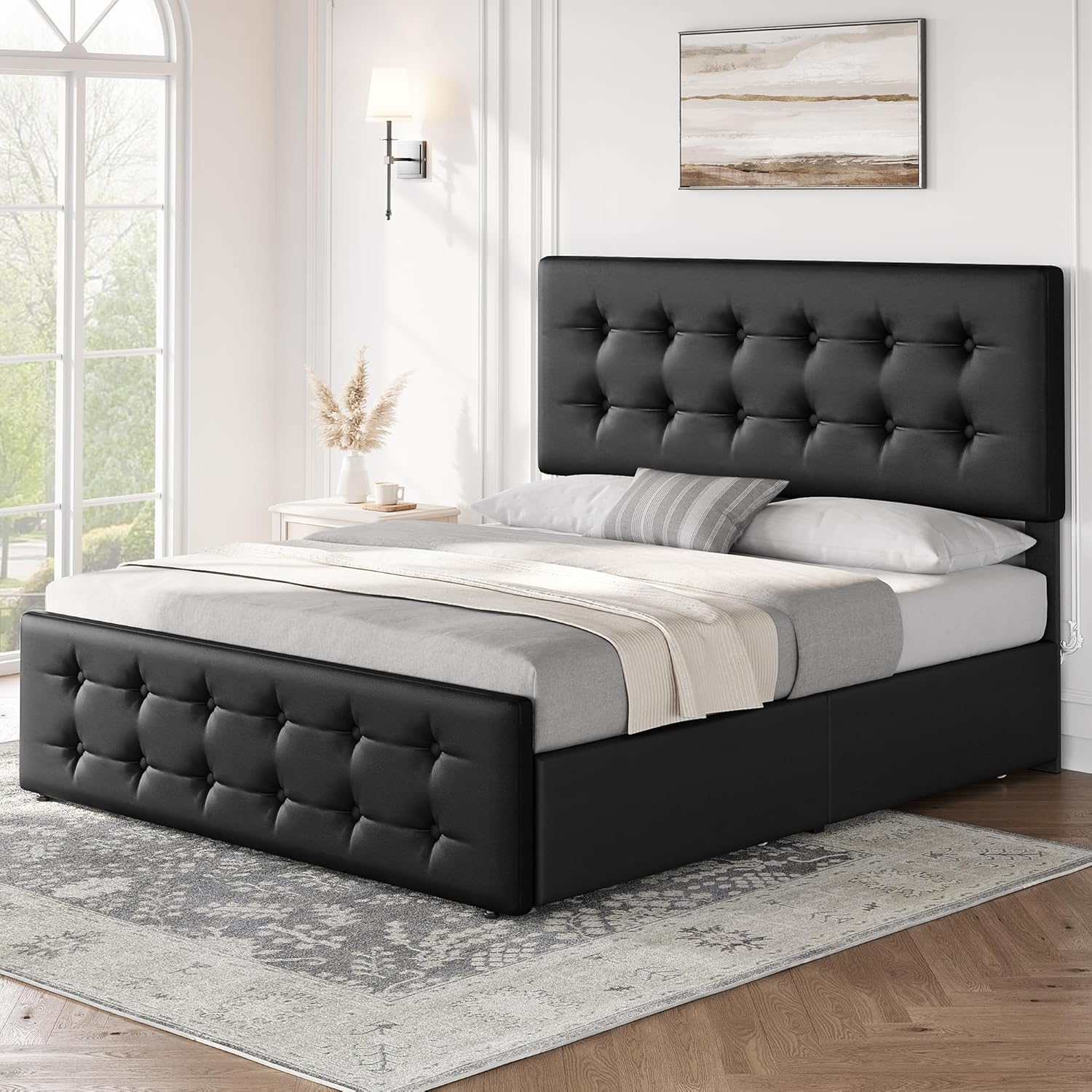 Qeetex LHF-BED-PHO-121UHZMT Queen Size Bed Frame with 4 Storage Drawers and Headboard Faux Leather Upholstered Platform Bed Frame with Wooden Slats Support Button Tufted Design No Box Spring Needed Black