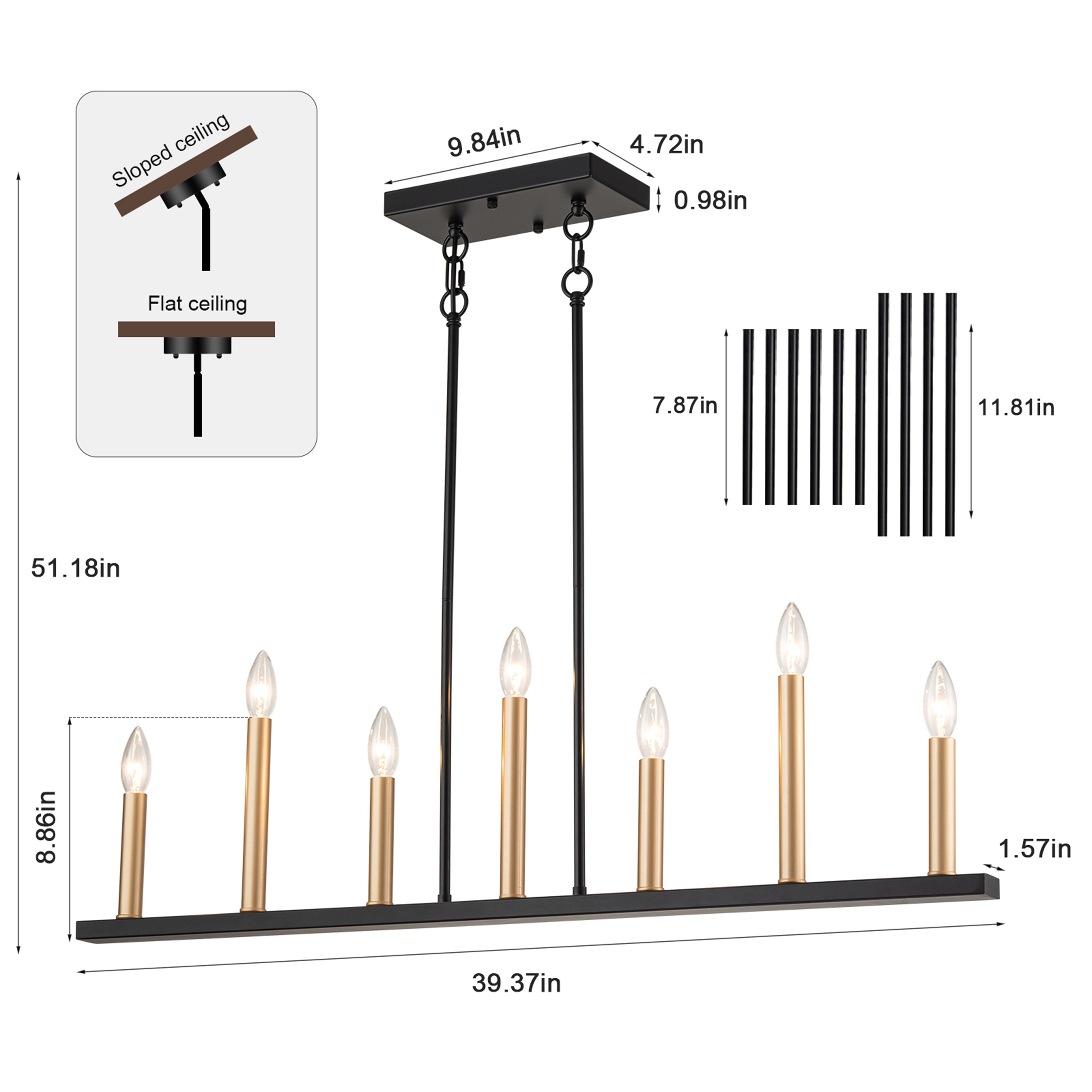 GoYeel 7 -Light Black and Gold Farmhouse Linear Large Hanging Kitchen island light