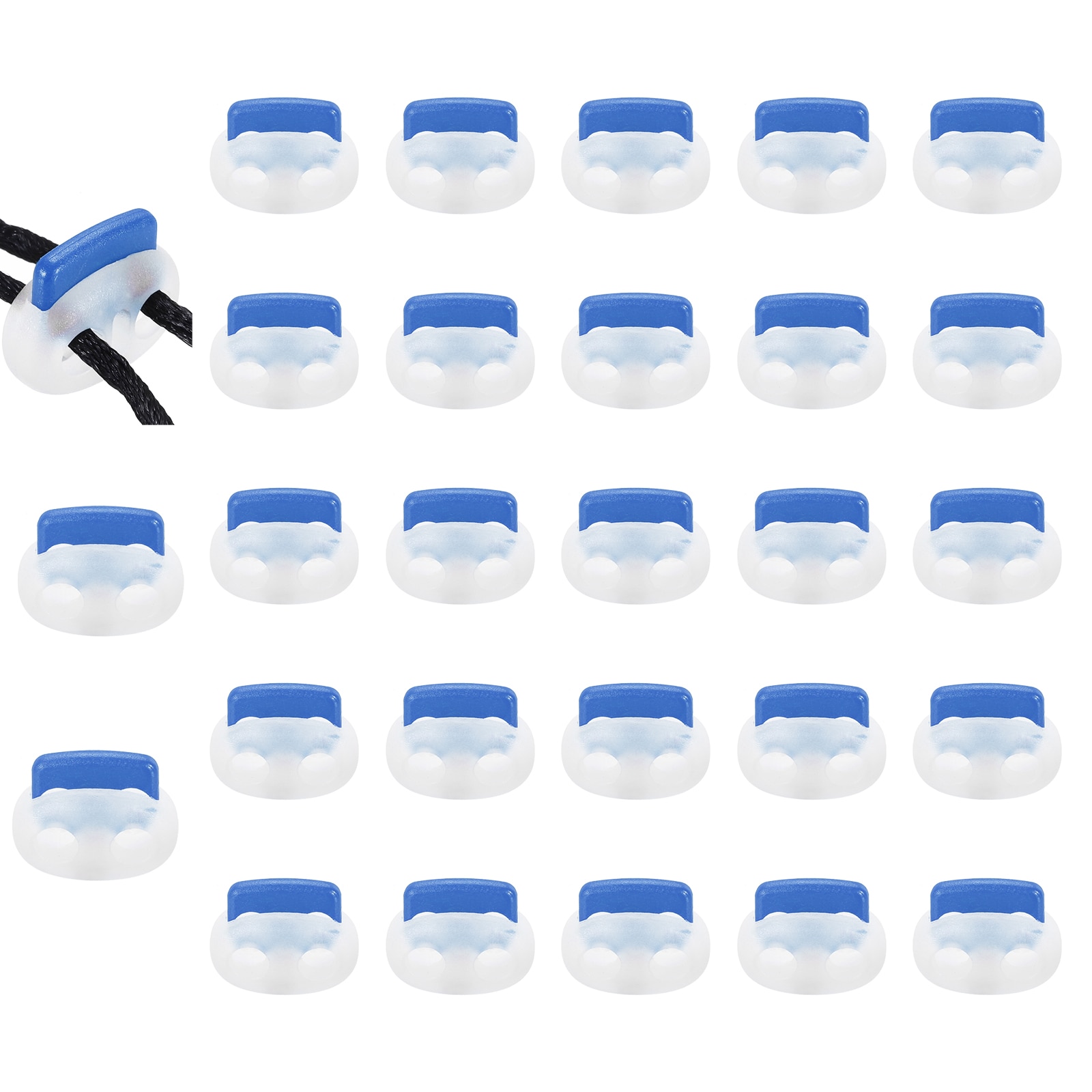 Unique Bargains 25pcs Assorted Colors Plastic Spring Cord Lock Double-Hole Slider Toggles Clip End Stopper Fastener for Drawstrings Paracord Backpack Shoelace Transparent + Blue #S26052901UX1486