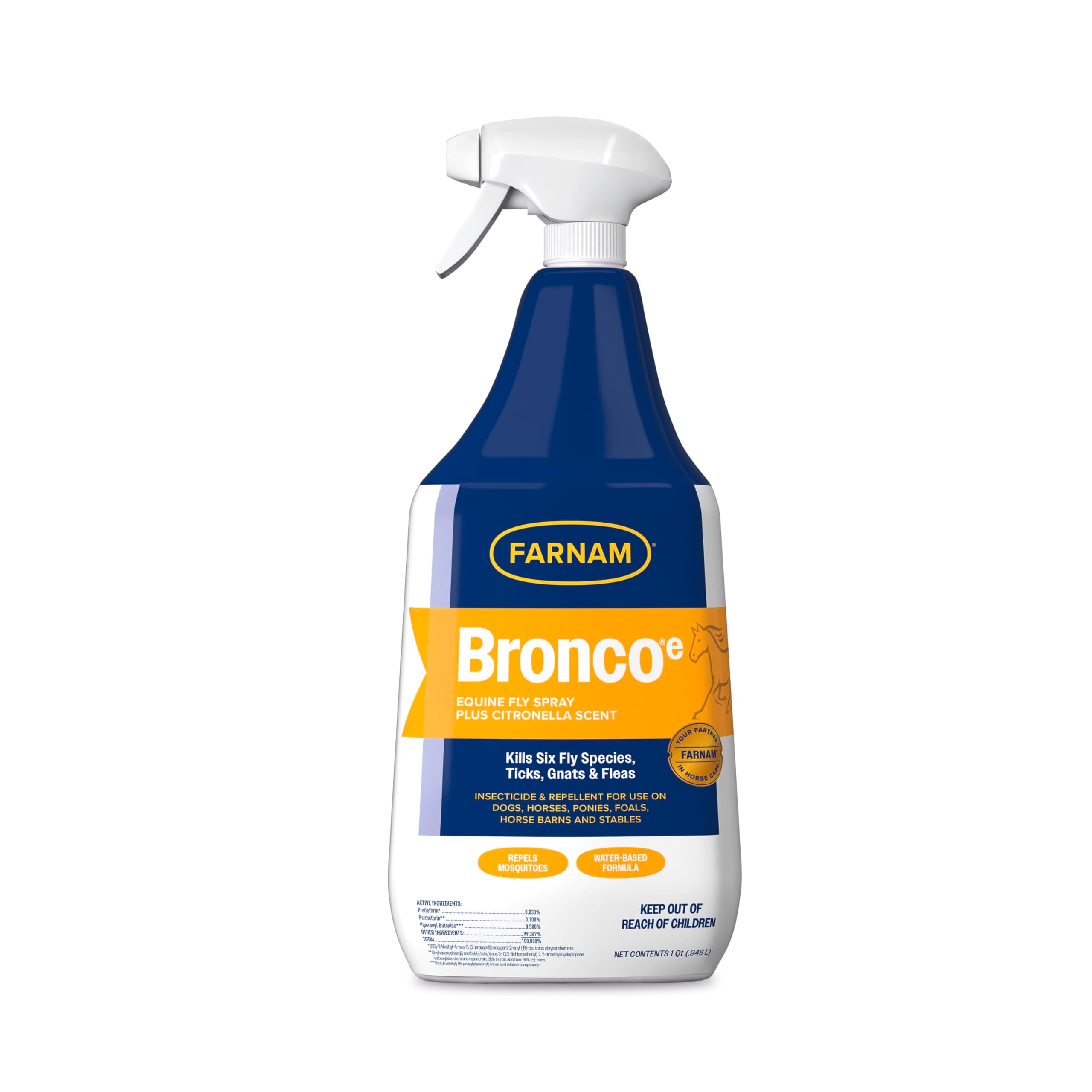 Farnam  Broncoe Fly Spray Plus Citronella 32 fl oz Ready-to-Use Water-Based Insecticide for Horses Dogs Premises