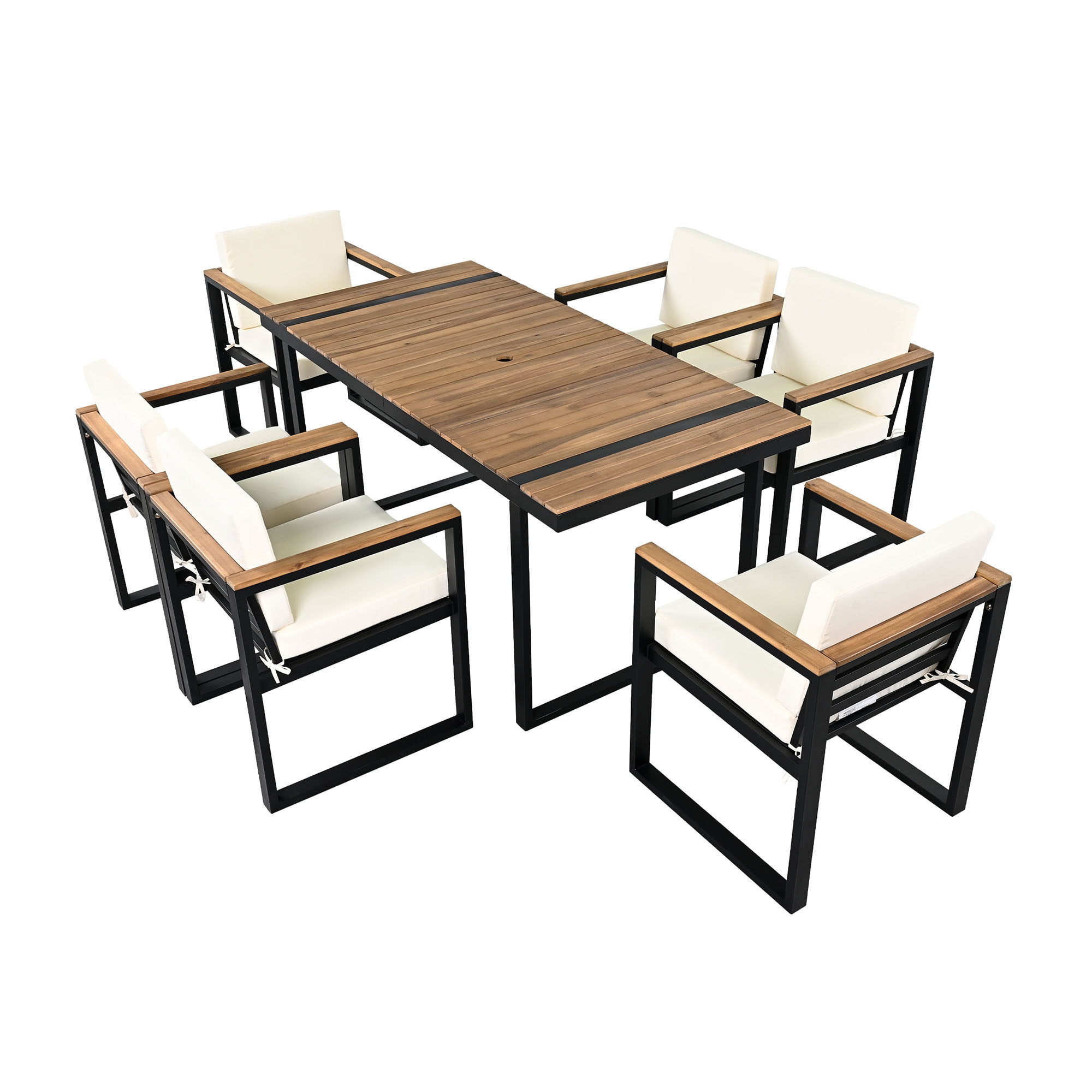 SINOFURN SYA020341BG 7 -Piece Black Patio Dining Set Wood Rectangle Table with 6 Beige Cushions Stationary Chairs