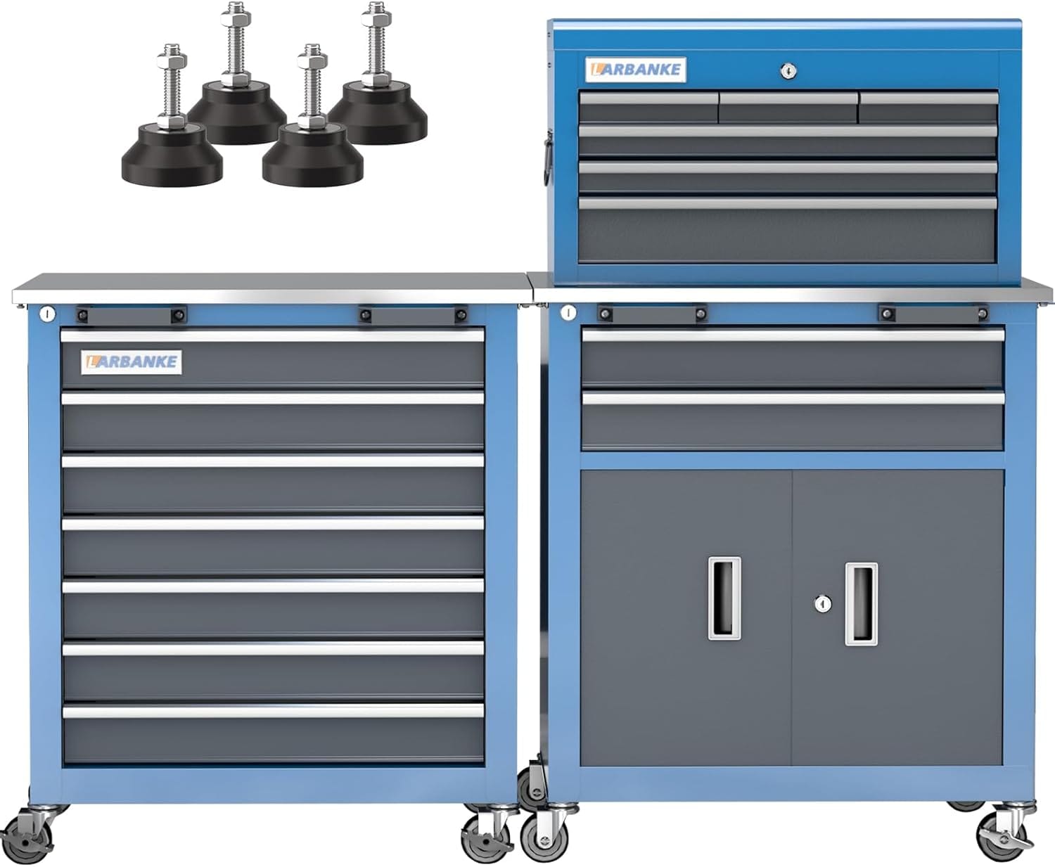 LARBANKE Rolling Tool Chest with Connection Buckle 7 Drawer Tool Chest and 8 Drawer Tool Box with Stainless Steel Tabletop Locking System Storage Tool Cabinet with 360 Degree Brake Swivel Wheels and Foot Pad #02CA+07C