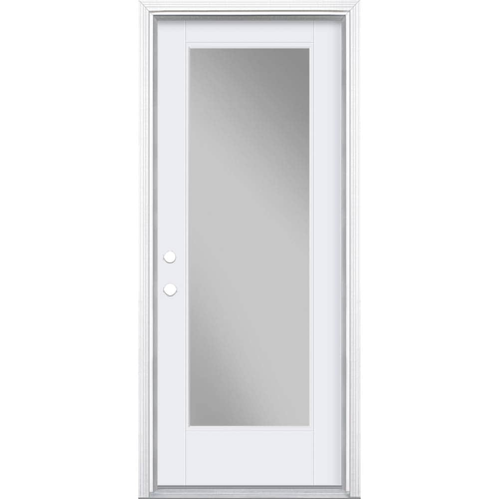 32-in x 80-in Fiberglass Full Lite Right-Hand Inswing Primed Prehung Single Front Door with Brickmould Insulating Core in White | - Masonite 938418