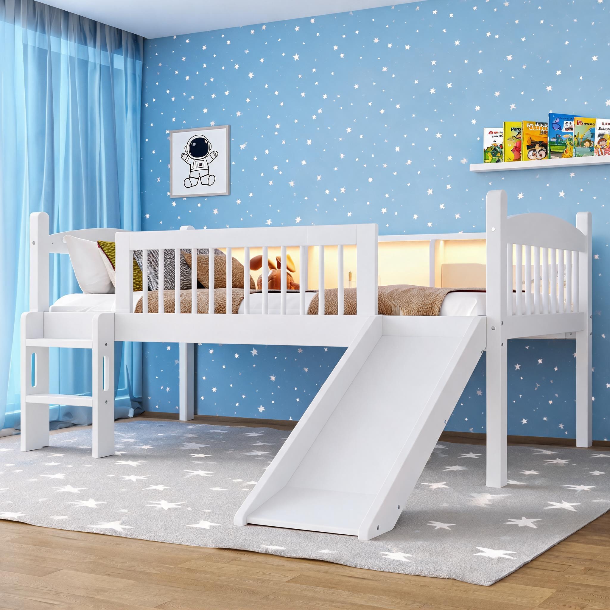 SunJet Space-Saving Loft Bed with Storage Shelves LED Lighting and Full ...
