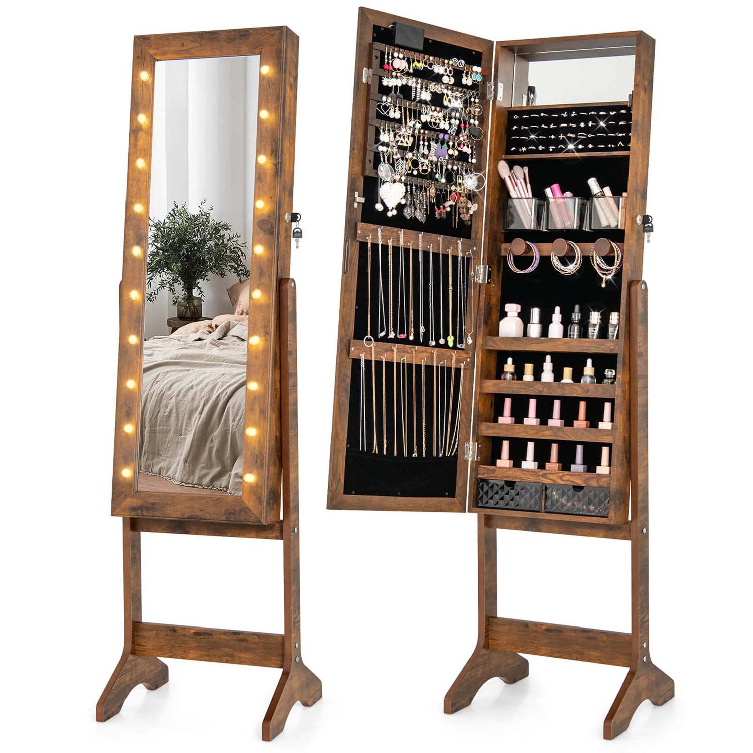 Costway HCST05088 LED Mirror Jewelry Cabinet with 20 LED Lights Full-Length Mirror Adjustable Angles Brown