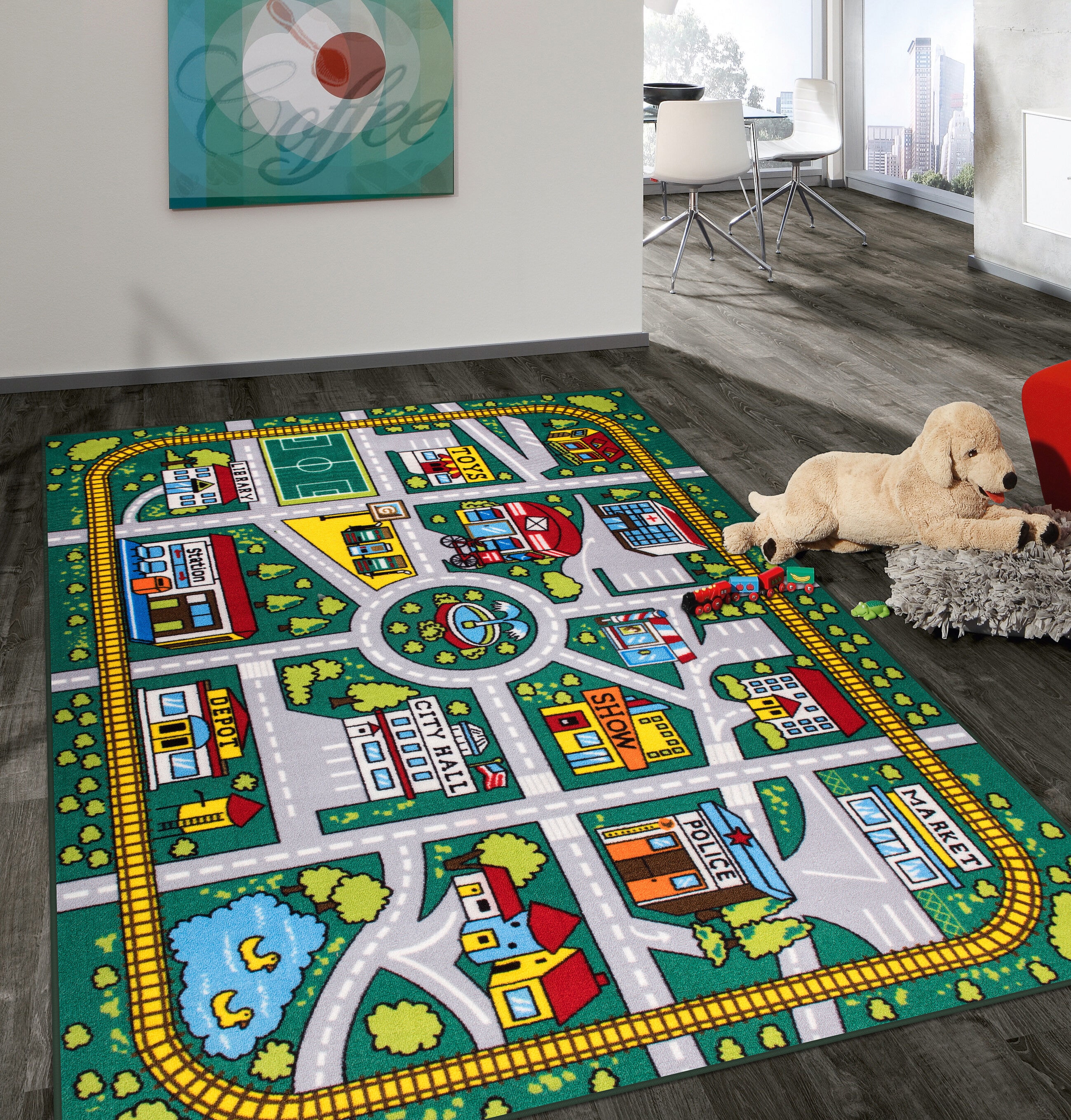 Green Synthetic Kids Educational City Life Road Area Rug 5' x 7'