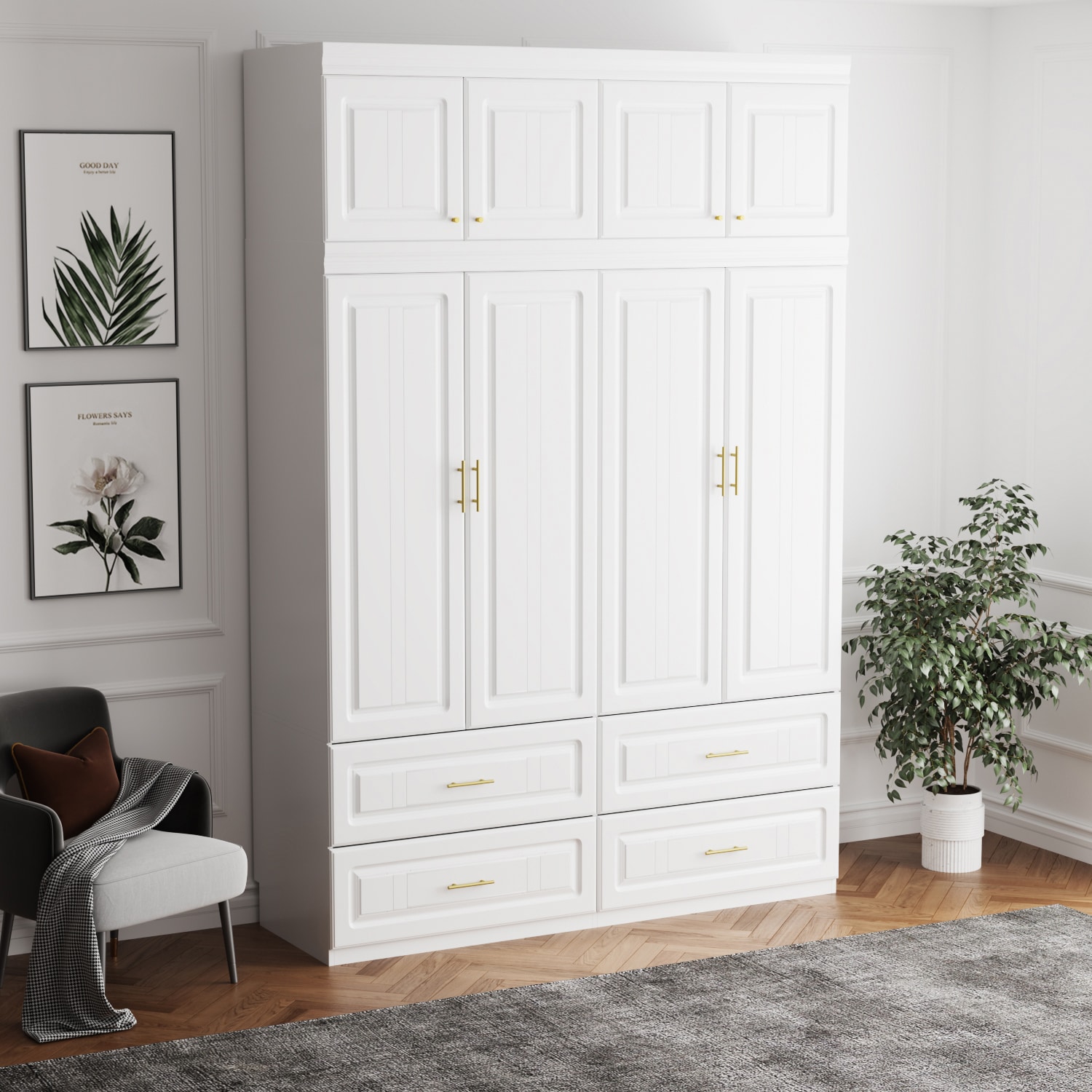 FUFU&GAGA Contemporary 4-Door Wardrobe with 4 Drawers and 5 Shelves ...