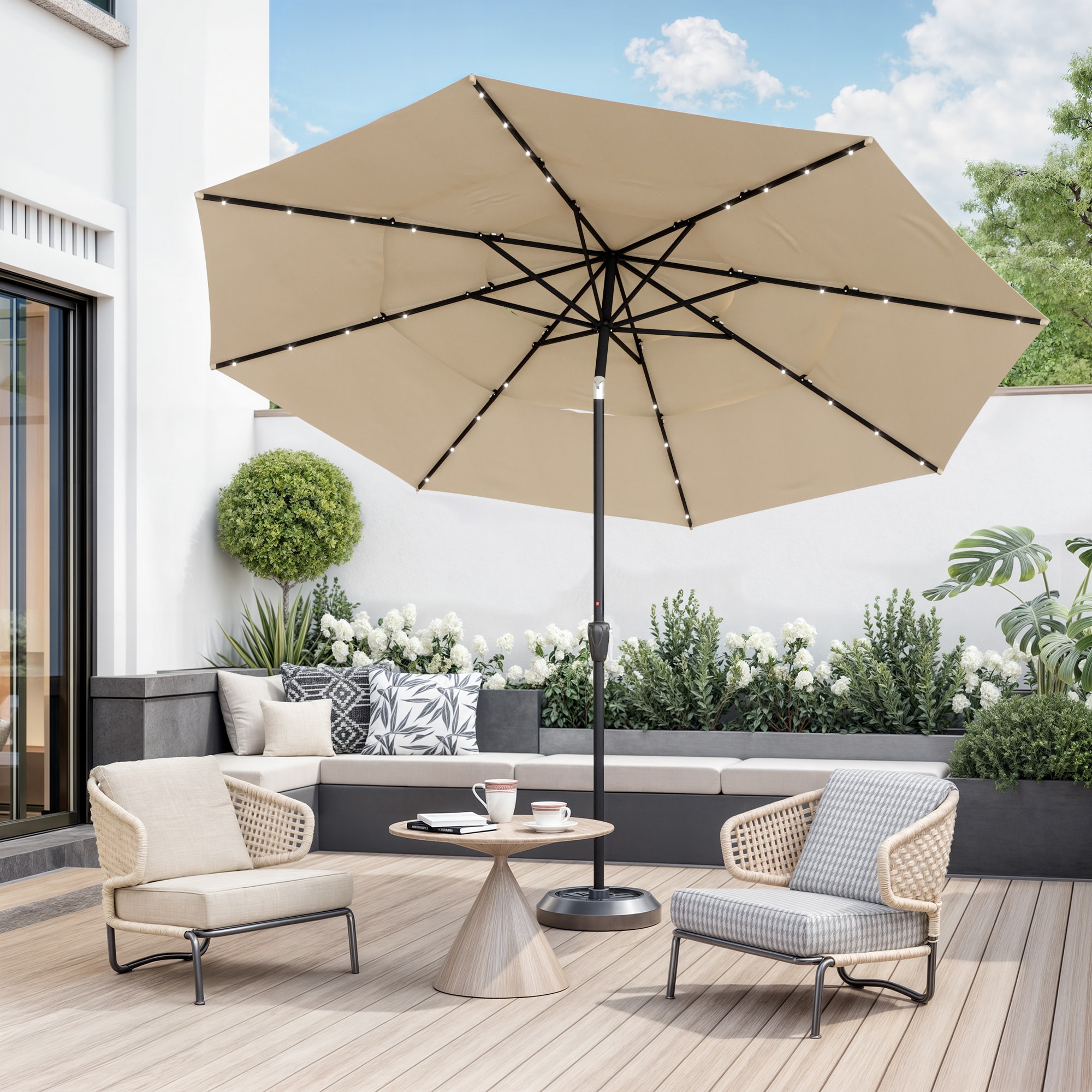 MIDHAM KF510008-02 11-ft Iron Beige Crank Garden Patio Umbrella