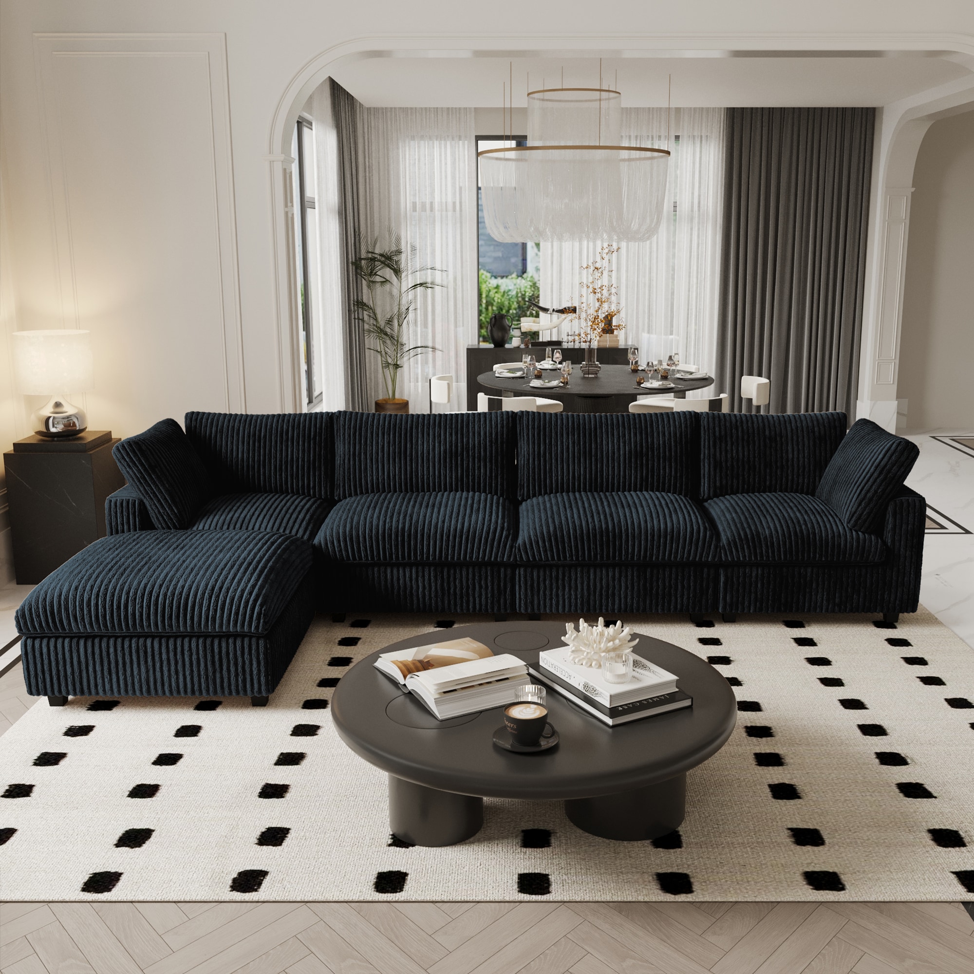 BuotiqHom DH-SF4+1-141BK 157-in Modern Black (4 Seats+1 Ottoman) Velvet 4 -seater Sectional
