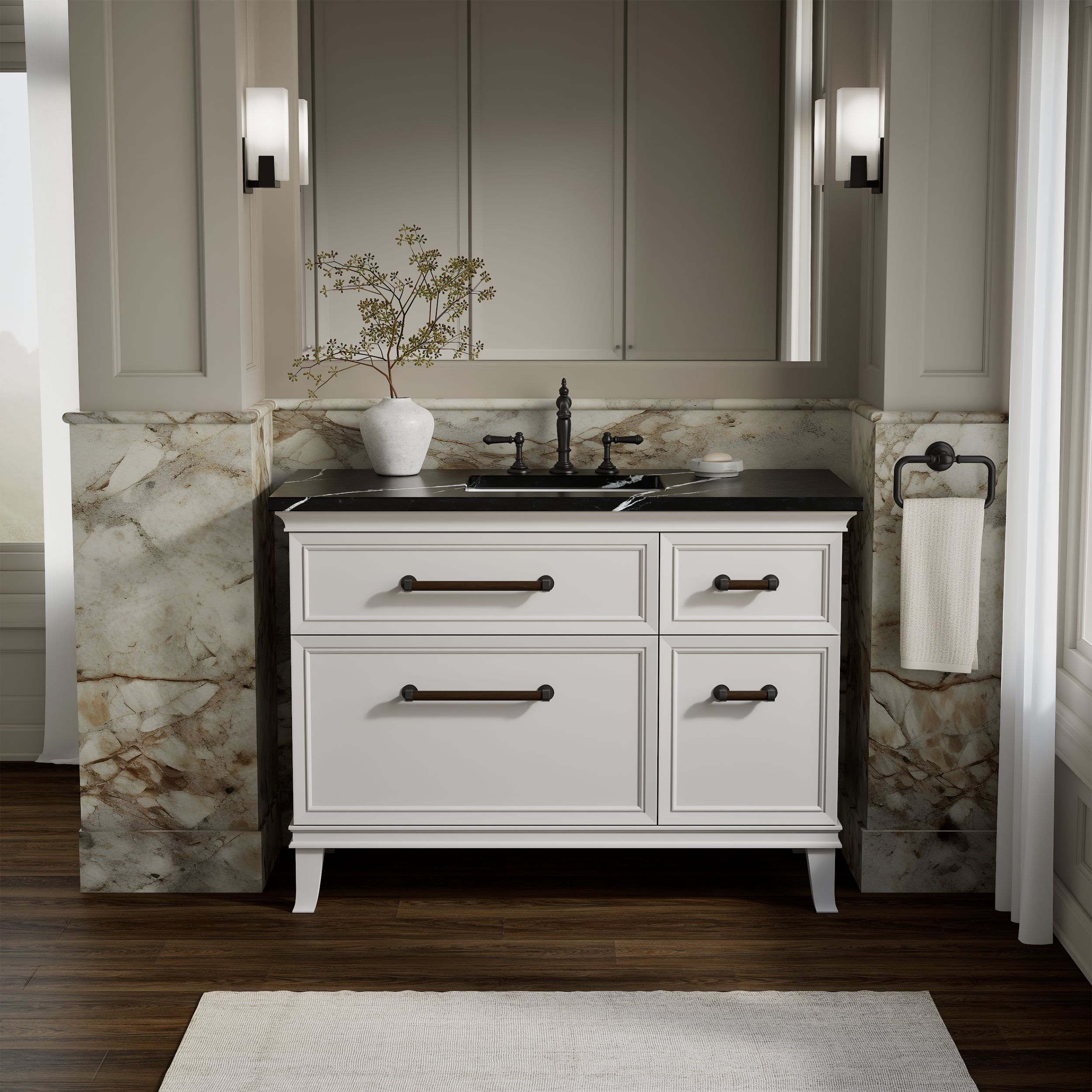 KOHLER Artifacts 48-in Linen White with Eternal Marquina Top and Black Hardware Undermount Single Sink Bathroom Vanity with White Quartz Top