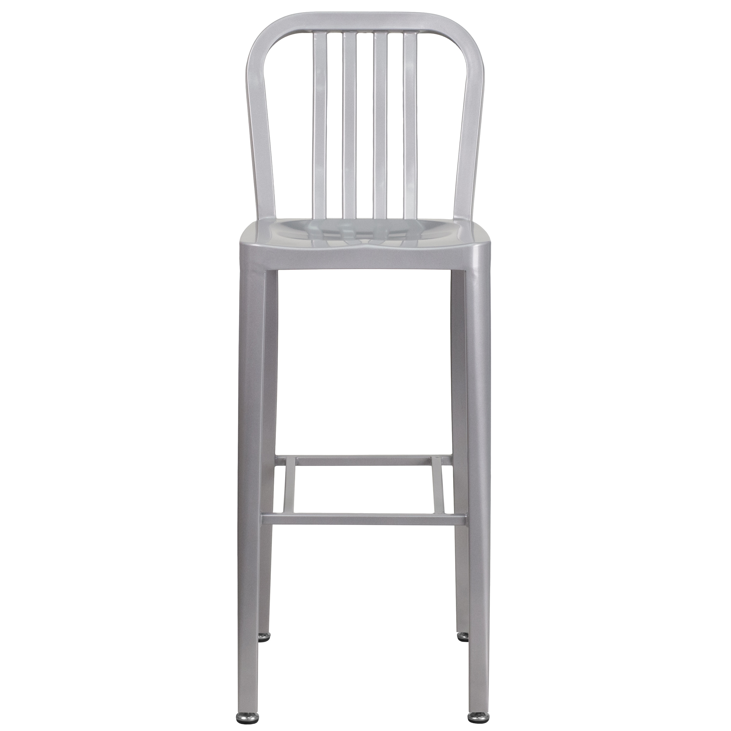 Silver Metal 30" High Indoor-Outdoor Barstool with Slat Back