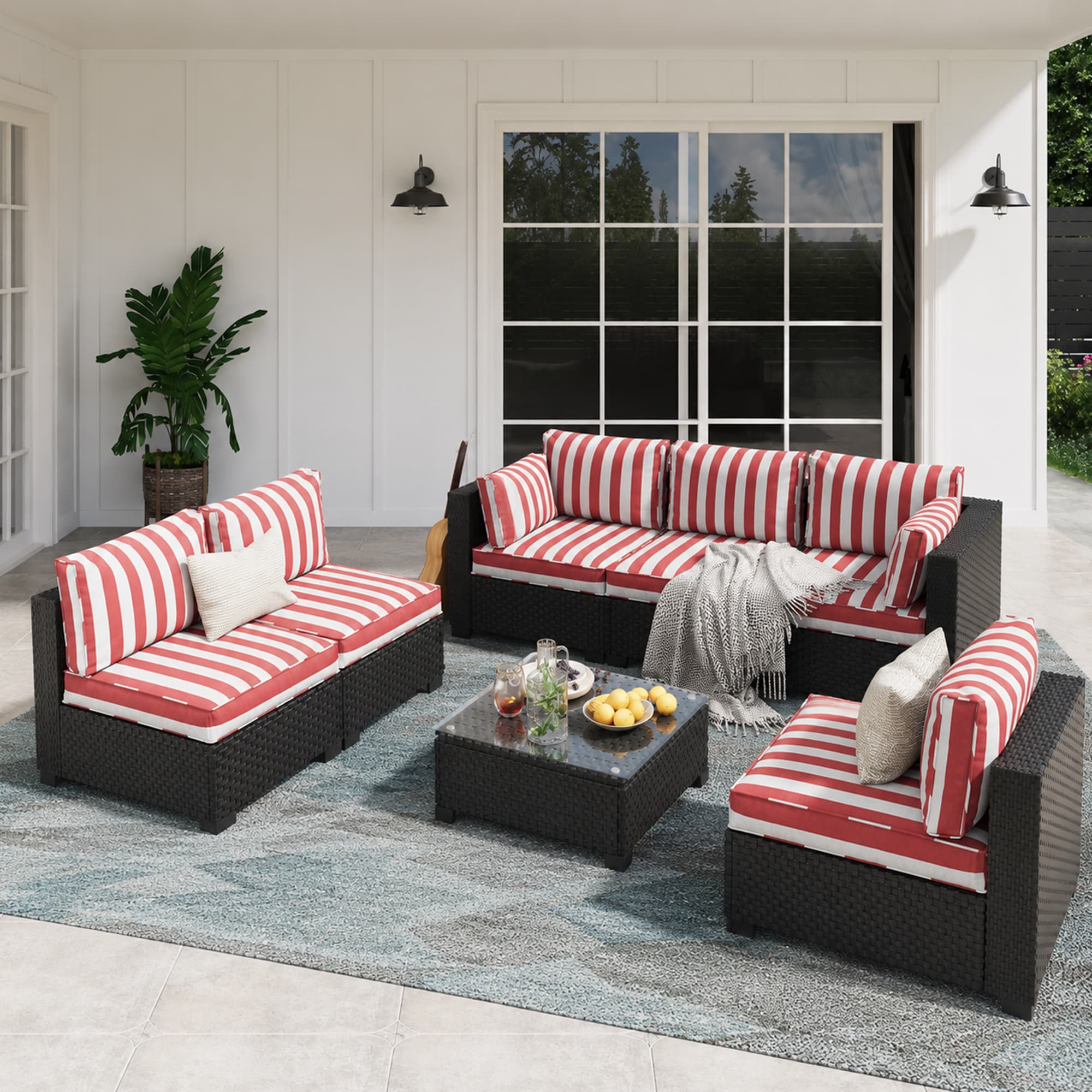 HYALON 7-Piece Wicker Outdoor Patio Conversation Sofa Seating Set with Coffee Table and Striped Red Cushions and Sofa Cover