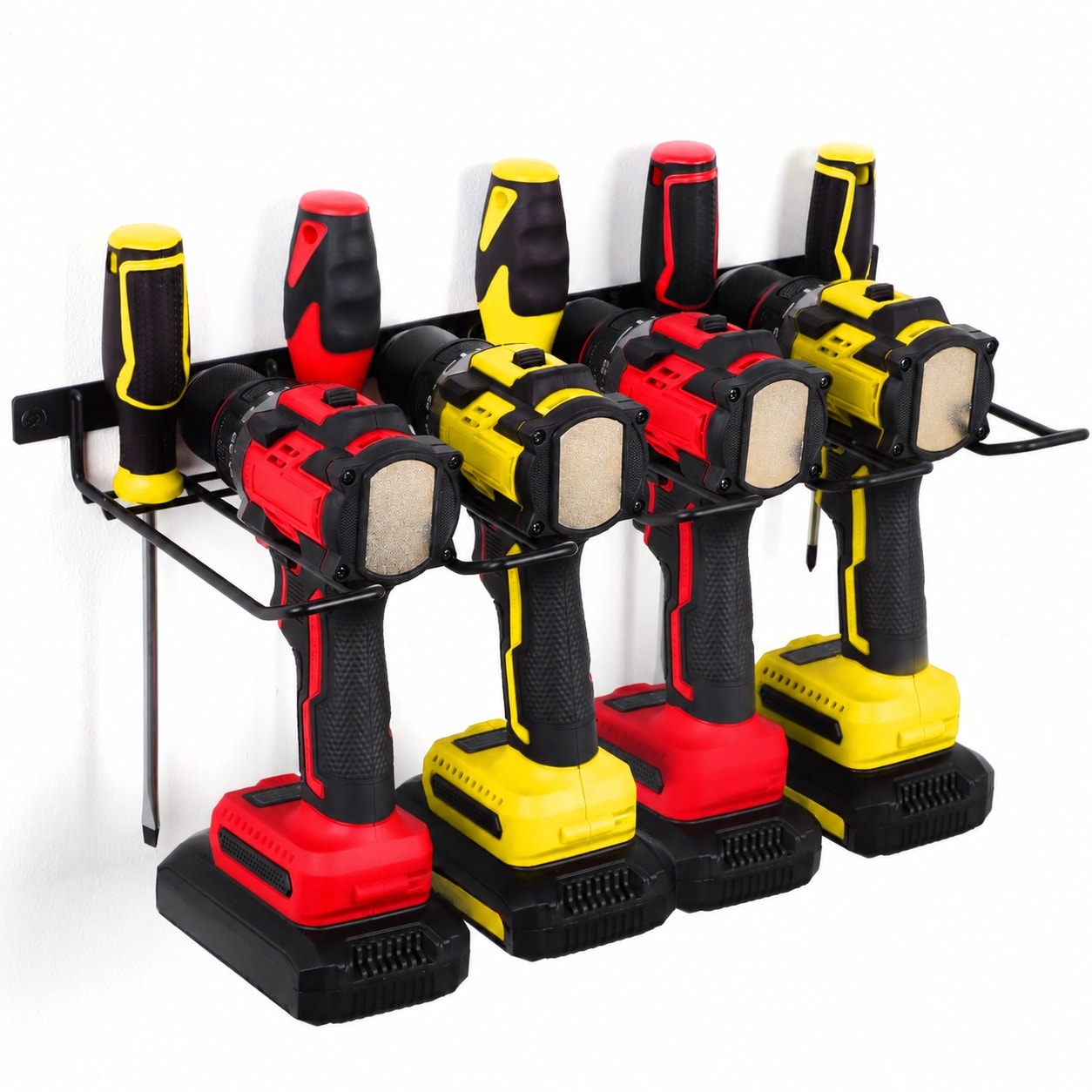 Ahfiwaso  Power Tool Organizer Cordless Drill Holder Wall Mount Heavy Duty Garage Tool Storage Rack Holds Four Tools Anti Slip Easy Install 1 pack