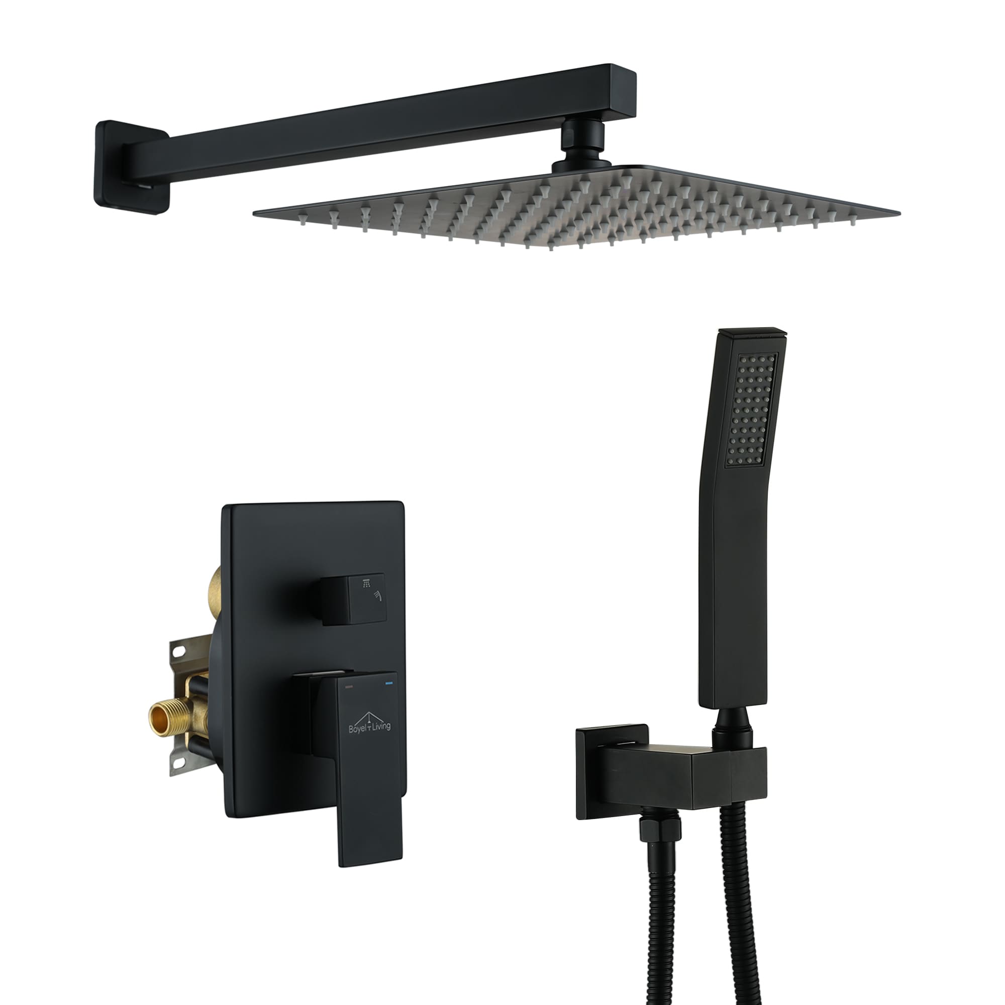 Clihome CHMS-10MB-A3803 Matte Black 10-in Waterfall Dual Head Built-In Shower Faucet System with 2-way Diverter ( Pressure-balanced Valve Included )