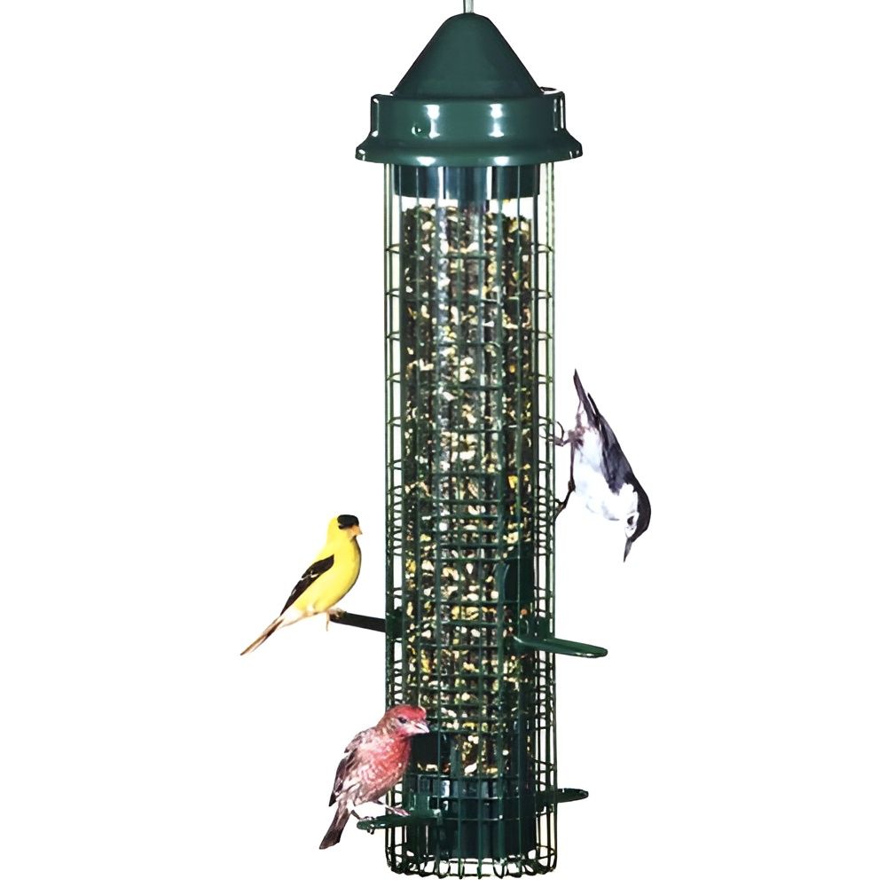 Slickblue Metal Hanging Squirrel Proof Bird Feeder Negative Grip Tube Seed Feeder for Patio Garden Backyard 1.4 Quarts Green