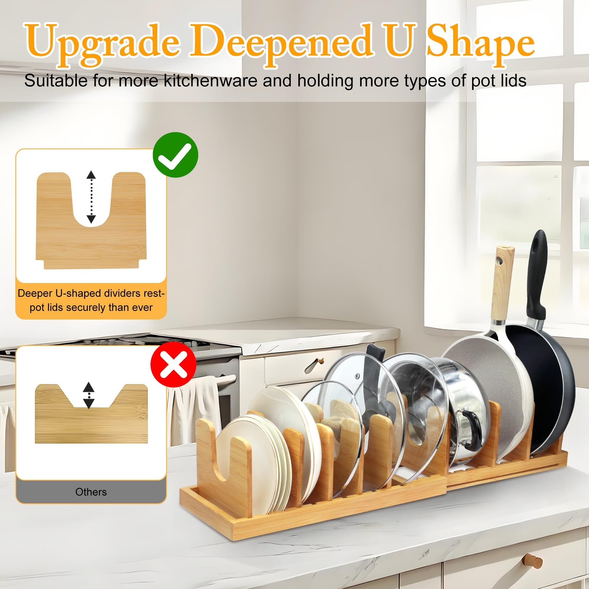 Etokfoks Bamboo Adjustable Pot Lid Organizer Rack with 10 U Shaped ...