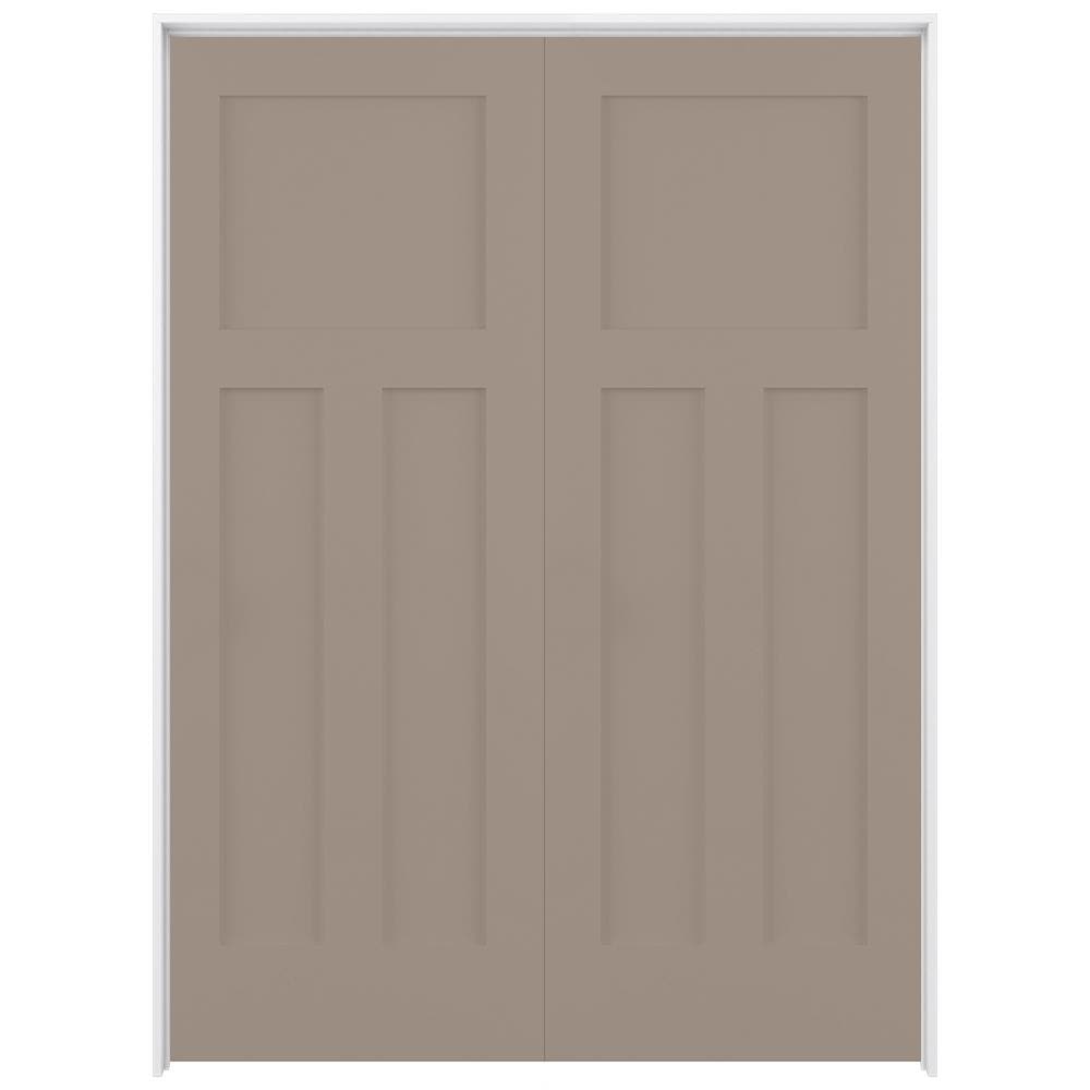 RELIABILT LO1369556 64-in x 80-in Sand Piper Solid core 3-panel craftsman Reversible/Universal Smooth Prefinished Pine Wood Flat Jamb Double Prehung Interior Door