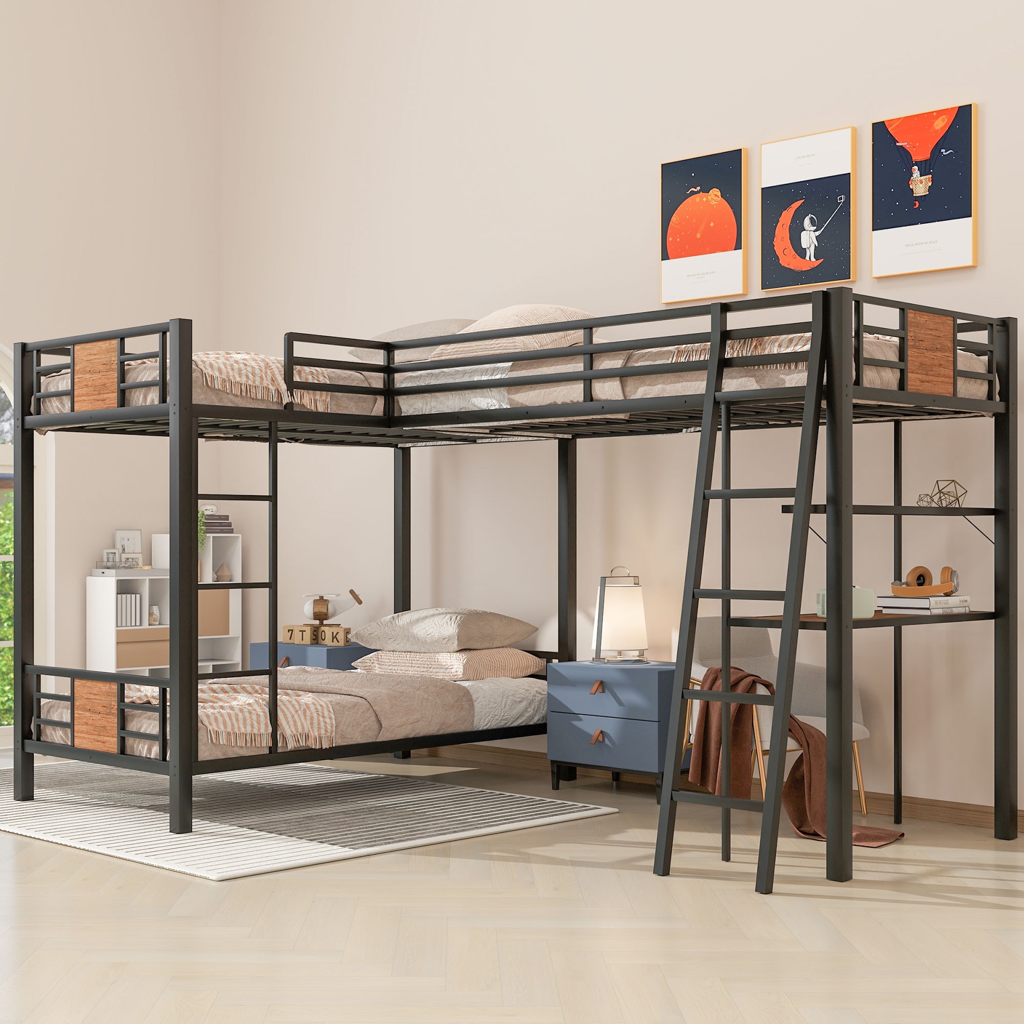 Dimakai Brown L-Shaped Twin Bunk Bed - Loft Bed with Desk and Shelf Sleeps 3