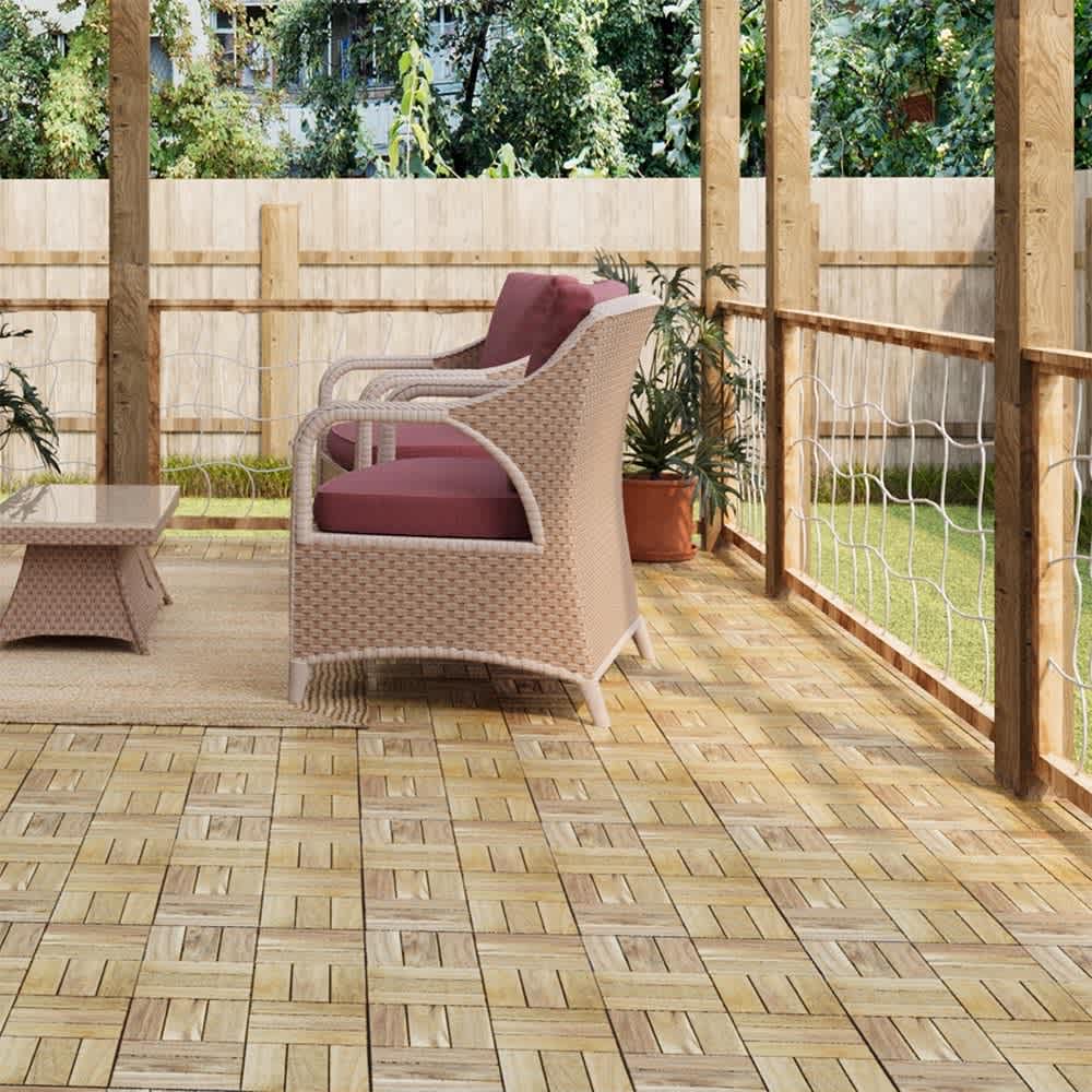 JUJABU Yellow 12Inch x 12Inch 20 PCS Deck Tiles Checker Pattern Square Acacia Hardwood Outdoor Flooring for Patio #DECKTILE-5