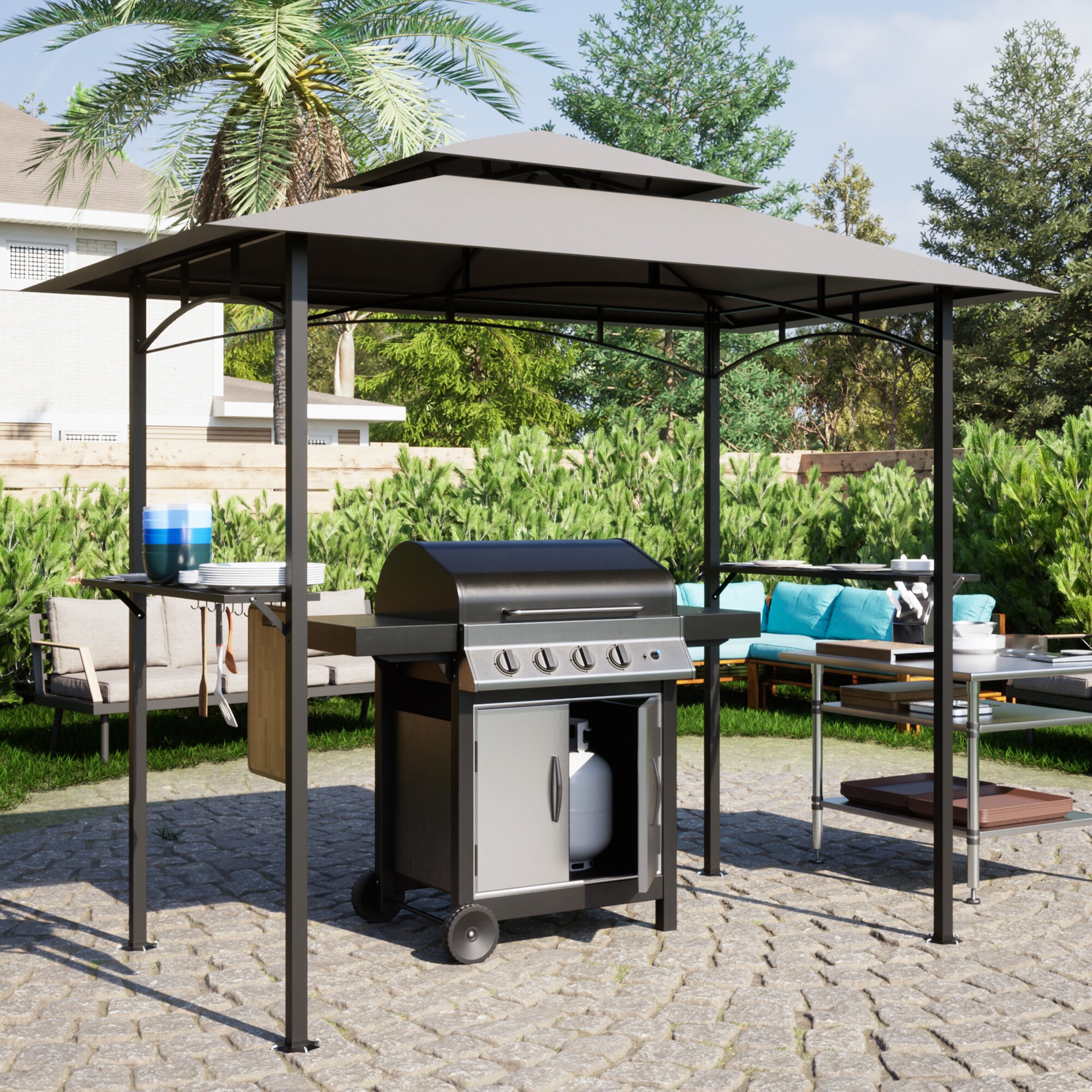 Forclover 8-ft x 5-ft Patio Barbecue Grill Canopy Gazebo Rectangle Gray ...