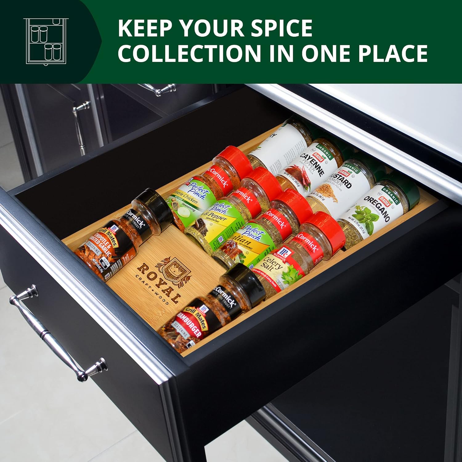 Natural Bamboo 3-Tier Spice Rack Drawer Organizer