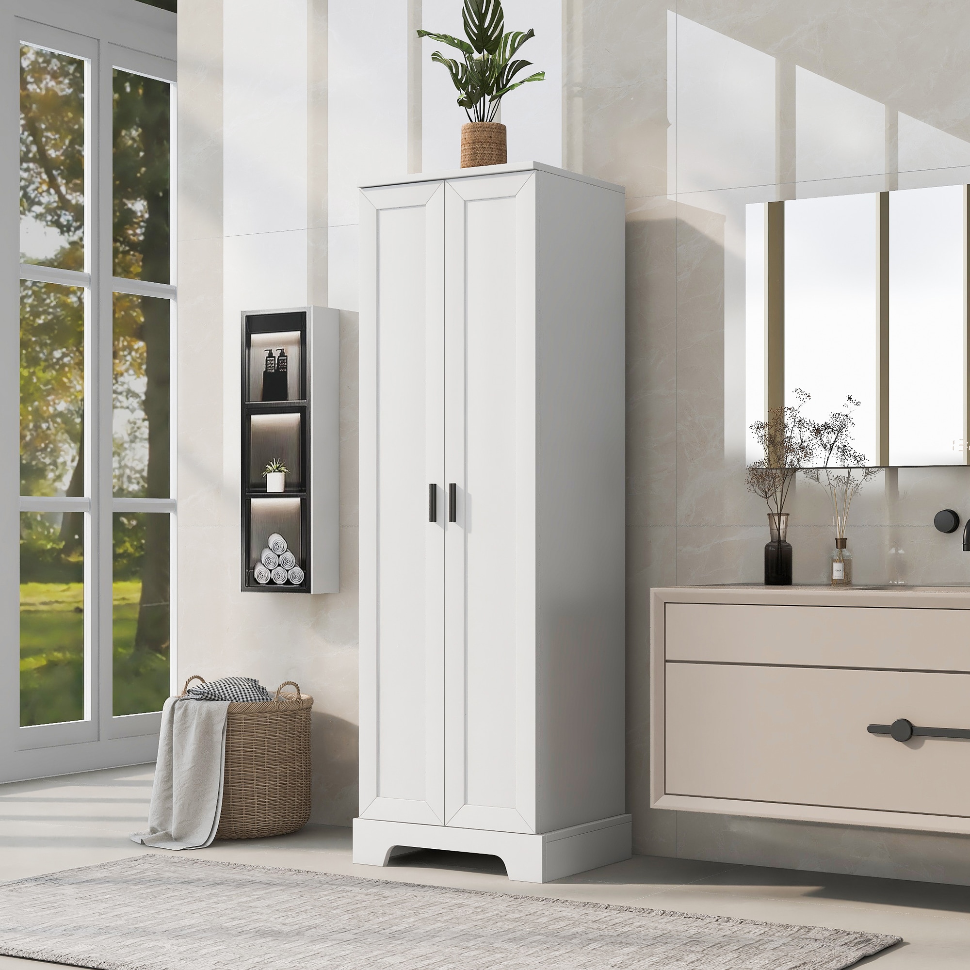 Dimakai White 2 Door Bathroom Storage Cabinet with Adjustable Shelves MDF Tall Linen Cabinet