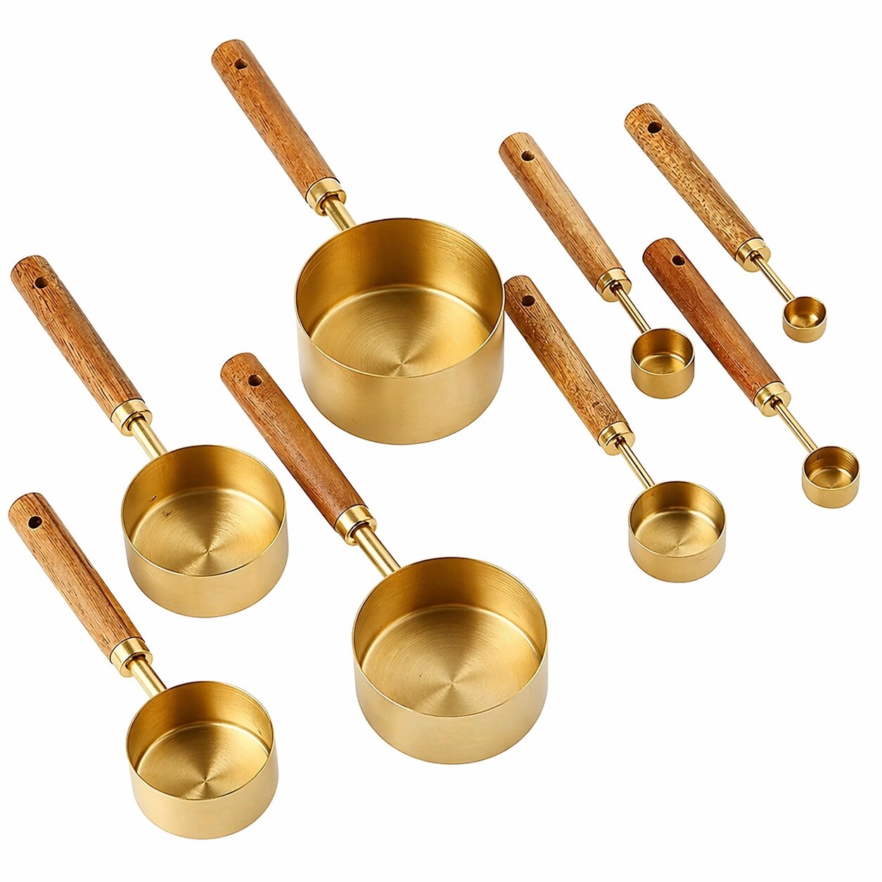 Etokfoks  8pcs Golden Stainless Steel Measuring Cups and Spoons Set with Wooden Handle for Kitchen Baking Cooking