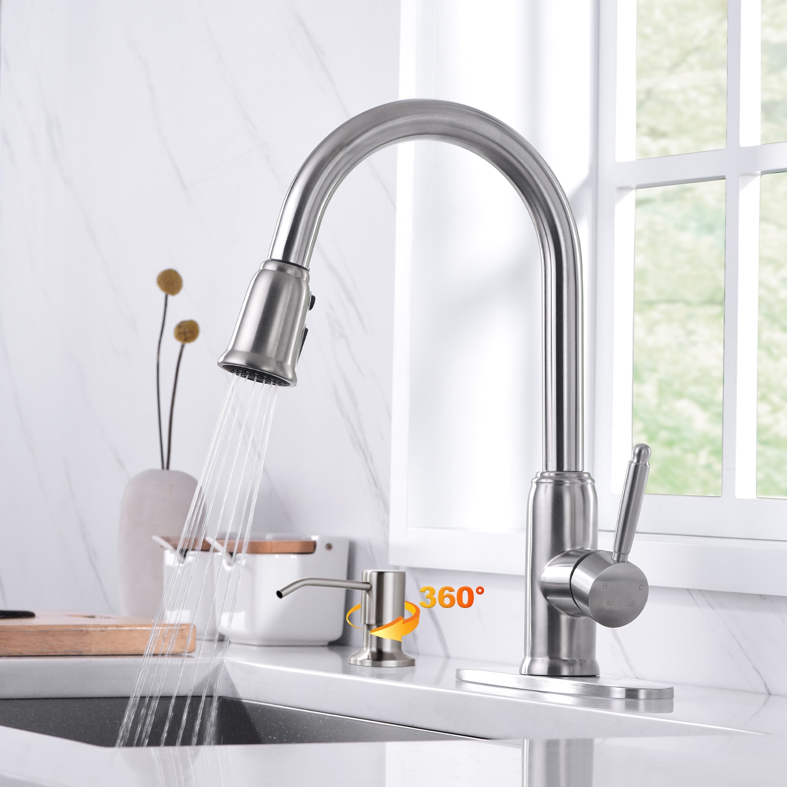 WOWOW Brushed Nickel Single Handle Pull-down Kitchen Faucet with ...