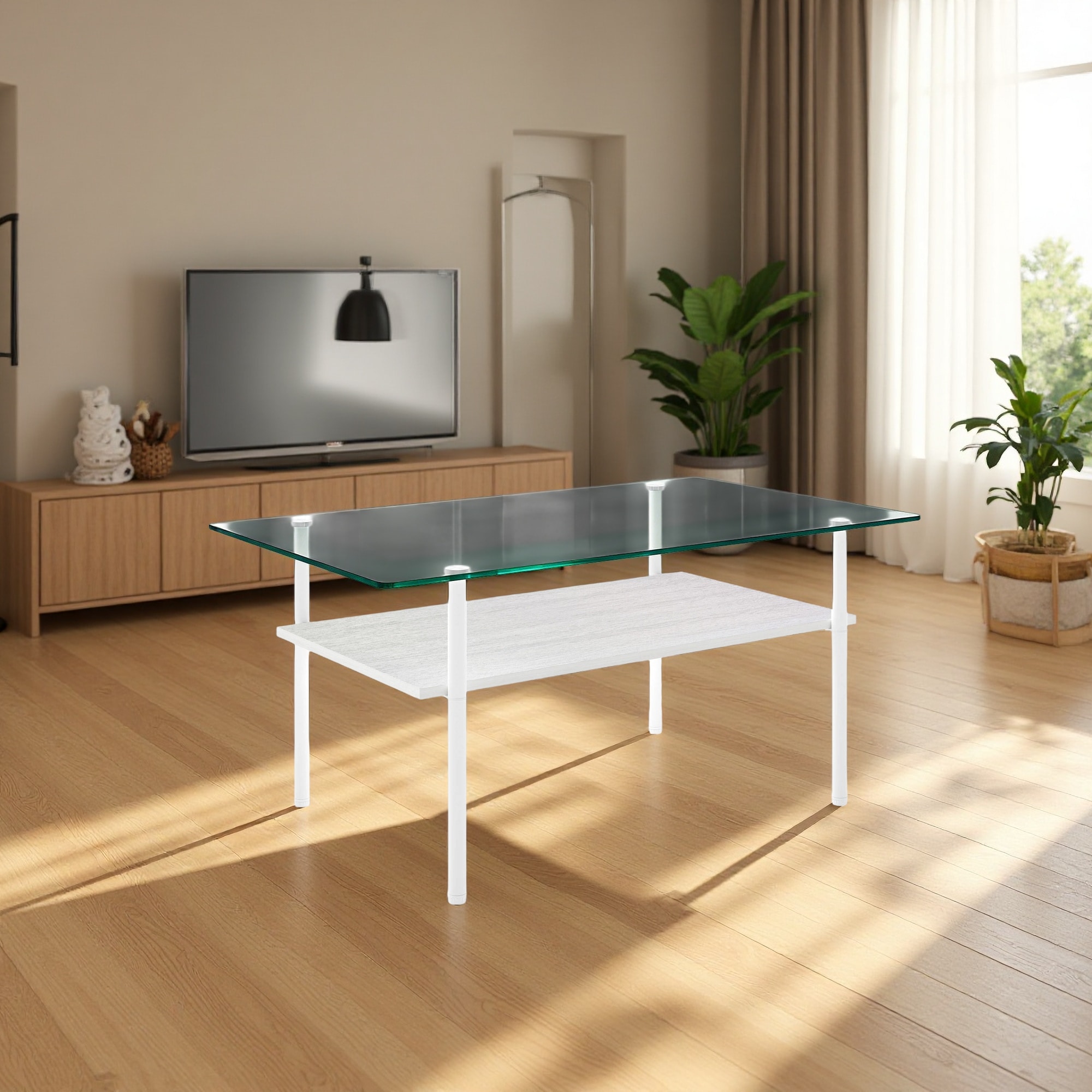 zwyo hosimu 38.6-in Modern Rectangular Coffee Table with Tempered Glass Top MDF Shelf  Metal Frame