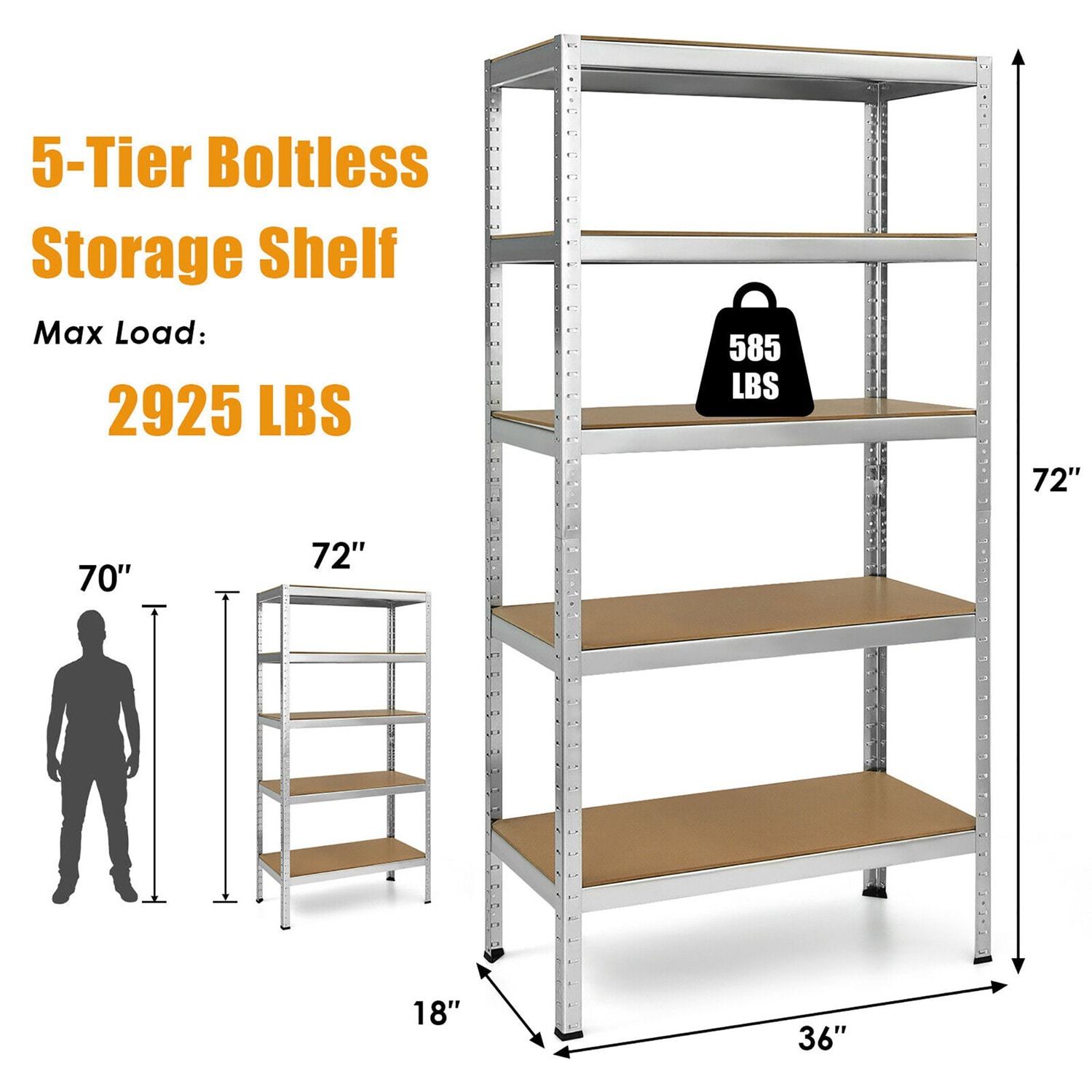 Costway 72 inches Heavy Duty Steel 5 Level Garage Shelf Storage ...