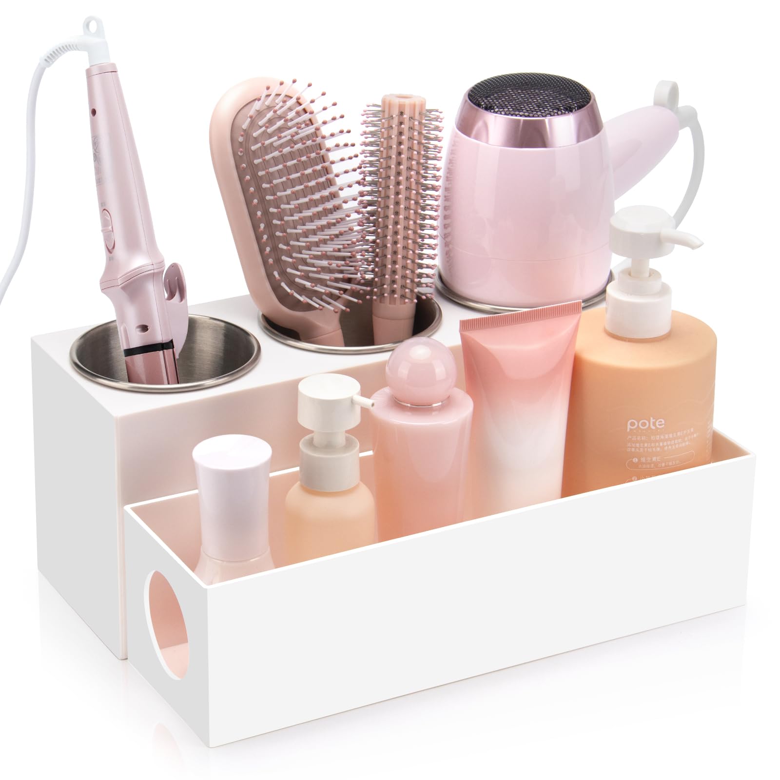 Anqtovp  Hair Tool Organizer with 3 Stainless Steel Cups for Bathroom Vanity Storage Holds Hair Dryer Curling Iron Straightener White 1 Piece