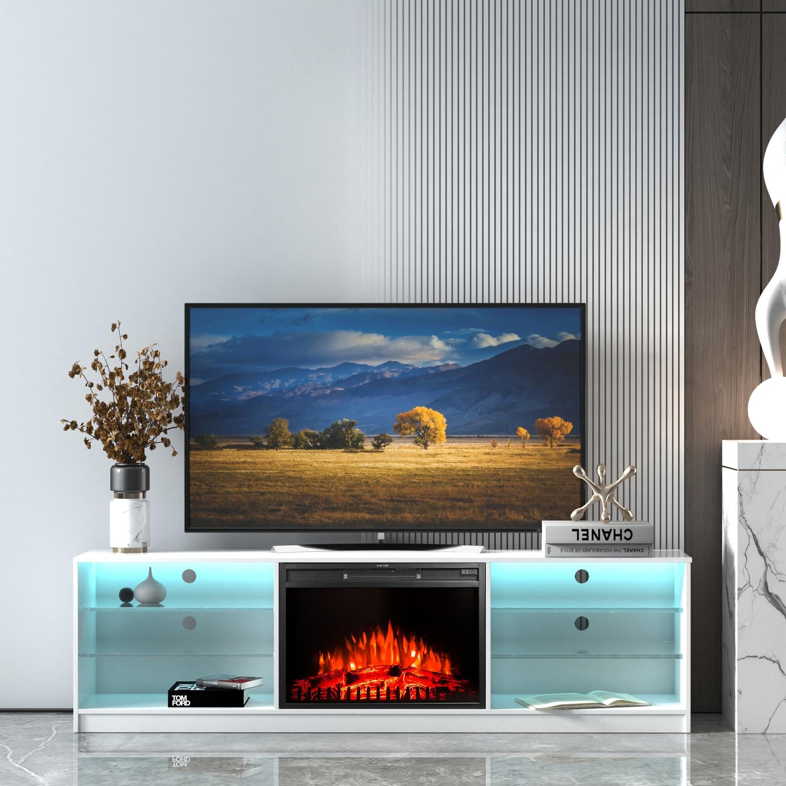 Bayfeve BF-331S43-FP 78.74-in W White TV Stand with Fan-forced Wall-mount Electric Fireplace with Remote Control Included