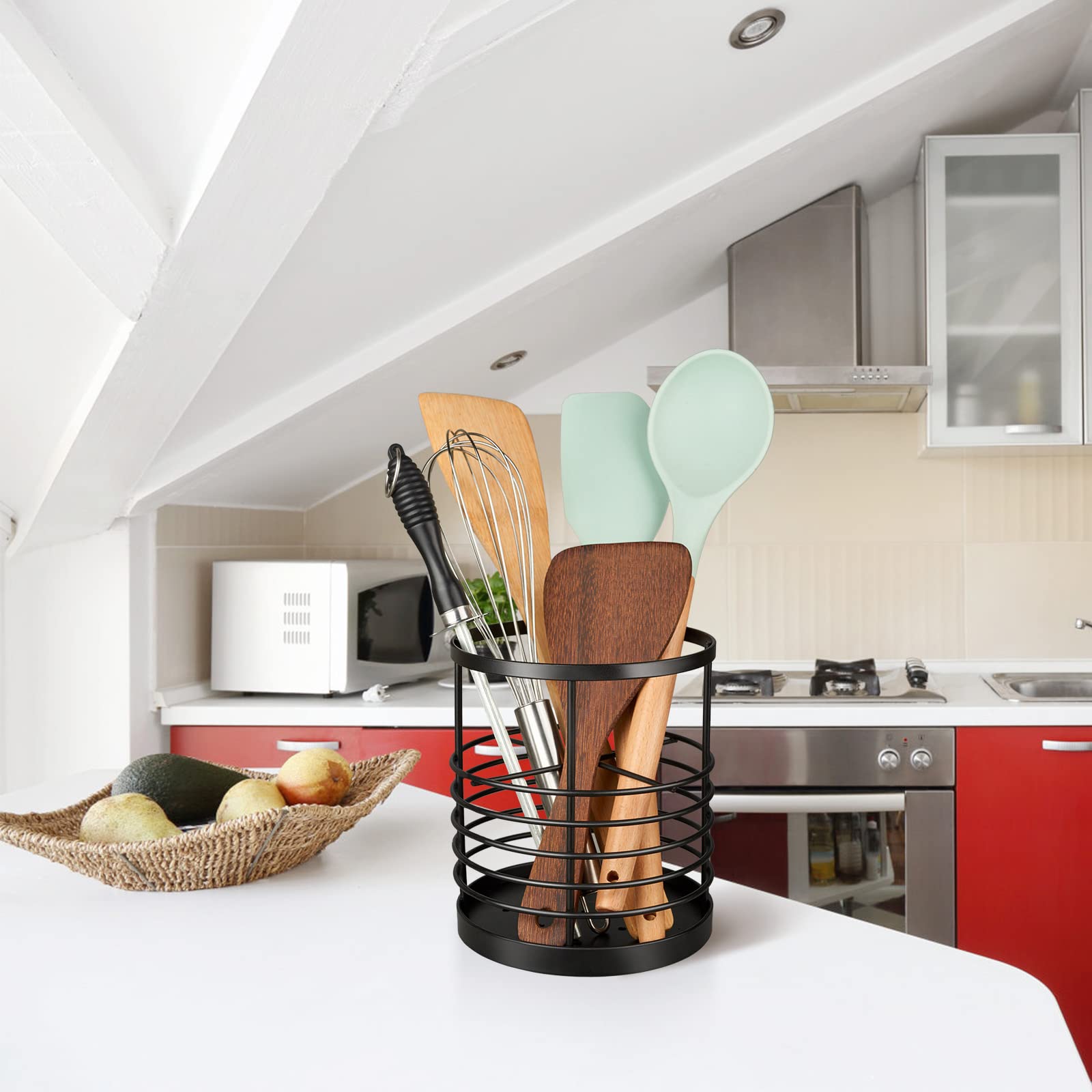 Anqtovp Metal Utensil Holder for Kitchen Countertop Black Round Cooking ...