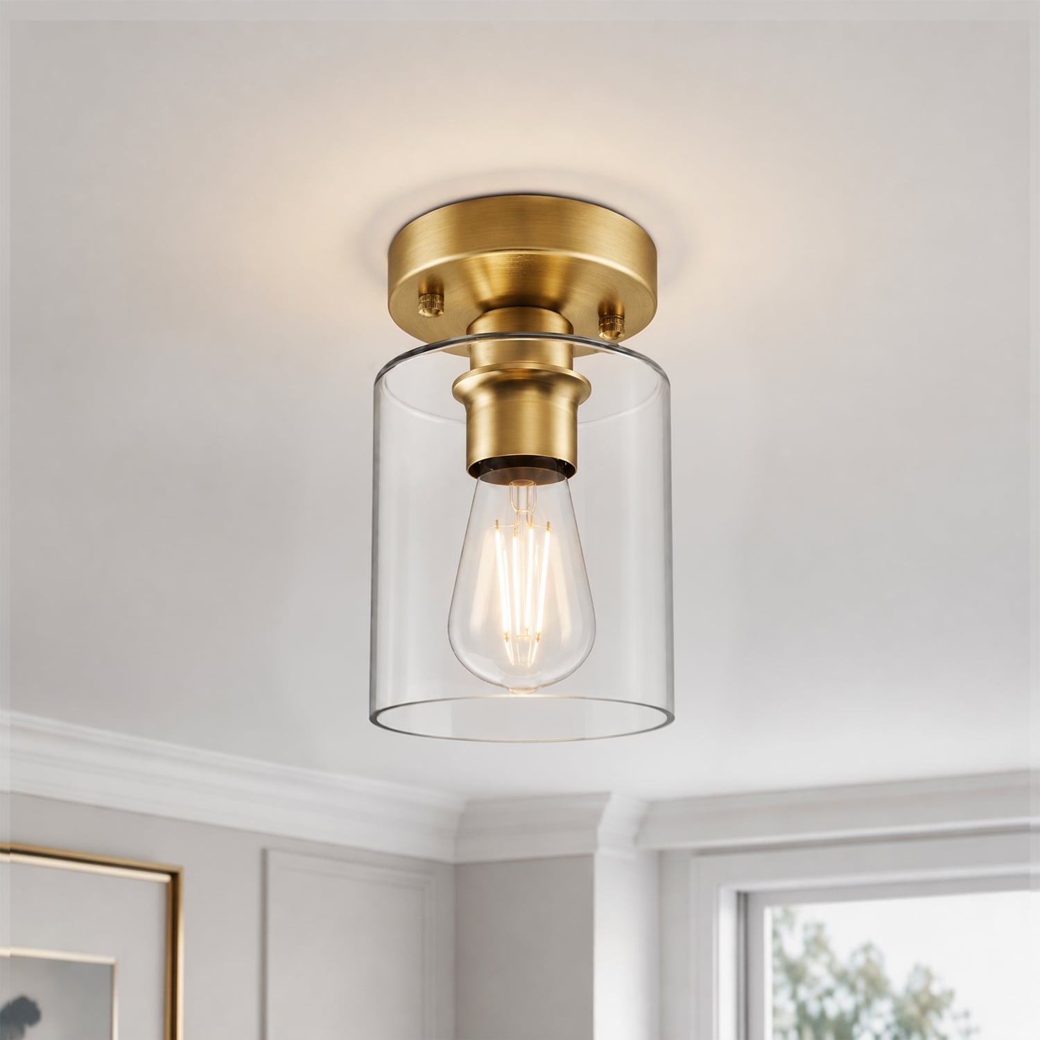 DORESshop Single Light Polished Brass Semi Flush Mount Ceiling Light with Clear Glass