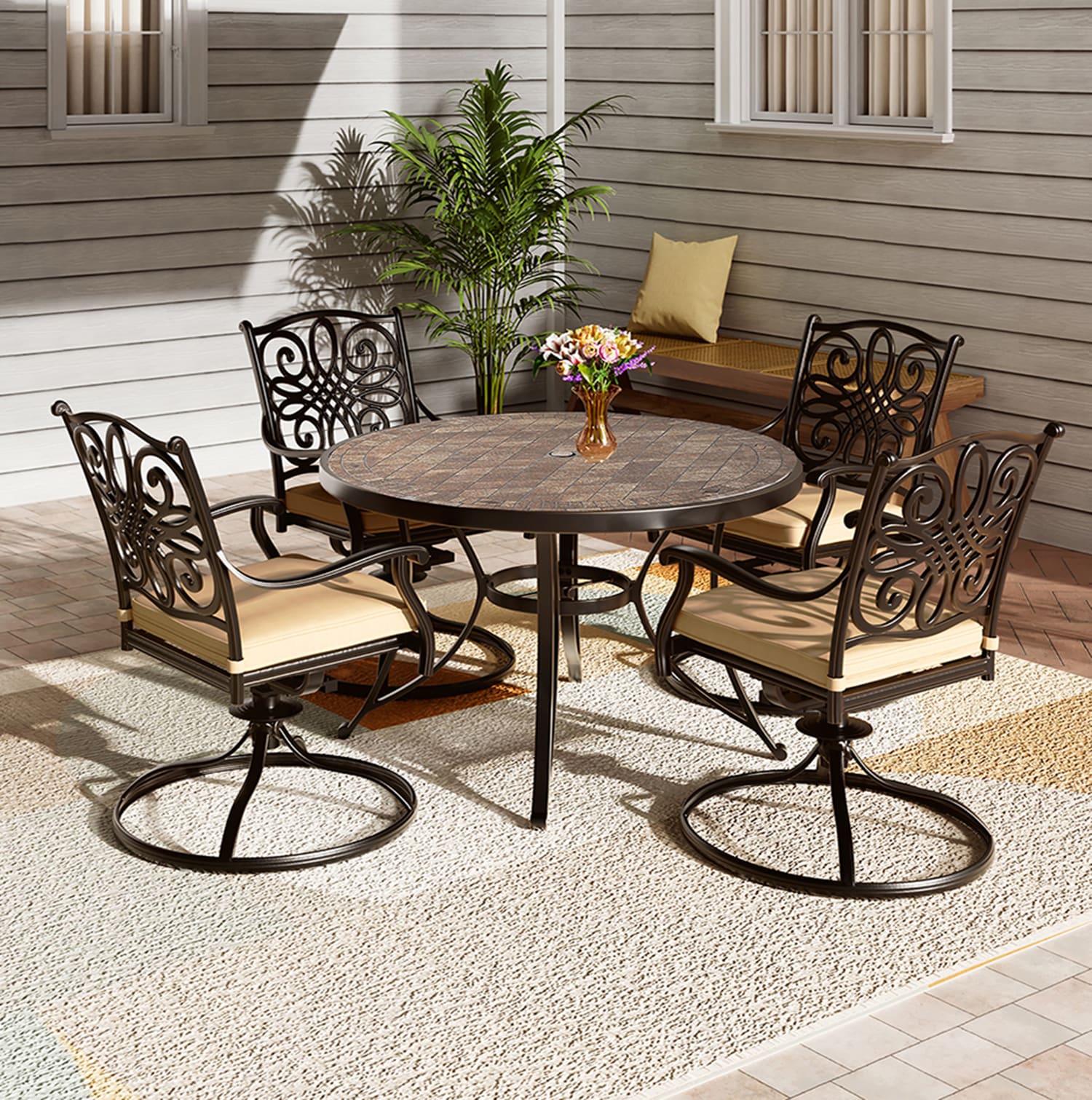 Mondawe MO-ODKLPMCB Aluminum 5 -Piece Bronze Patio Dining Set Aluminum Round Table with 4 Brown Cushions Swivel Chairs