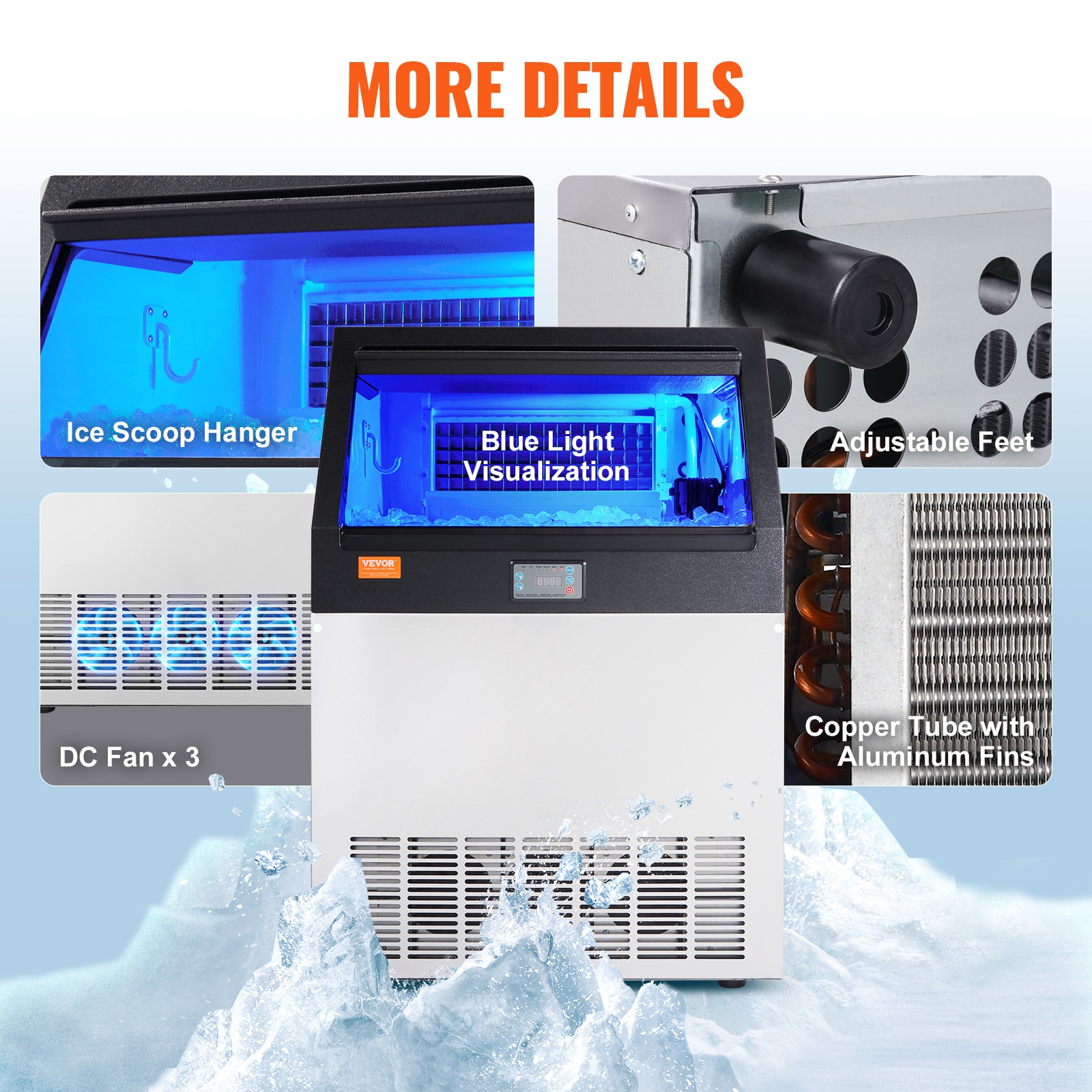 VEVOR 160lbs Stainless Steel Commercial Ice Maker with LED Display