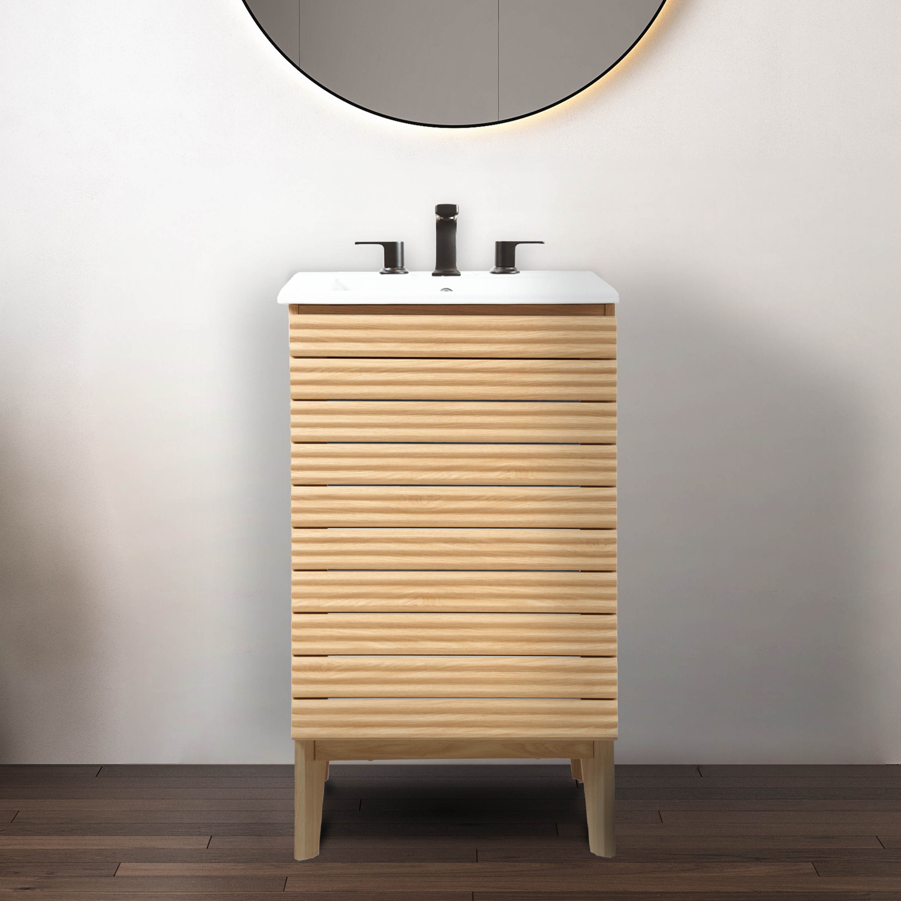 JONATHAN  Y VAN1004A Calandre Thin Linear Slat Modern Farmhouse 20-in Oak Bathroom Vanity Base Cabinet without Top